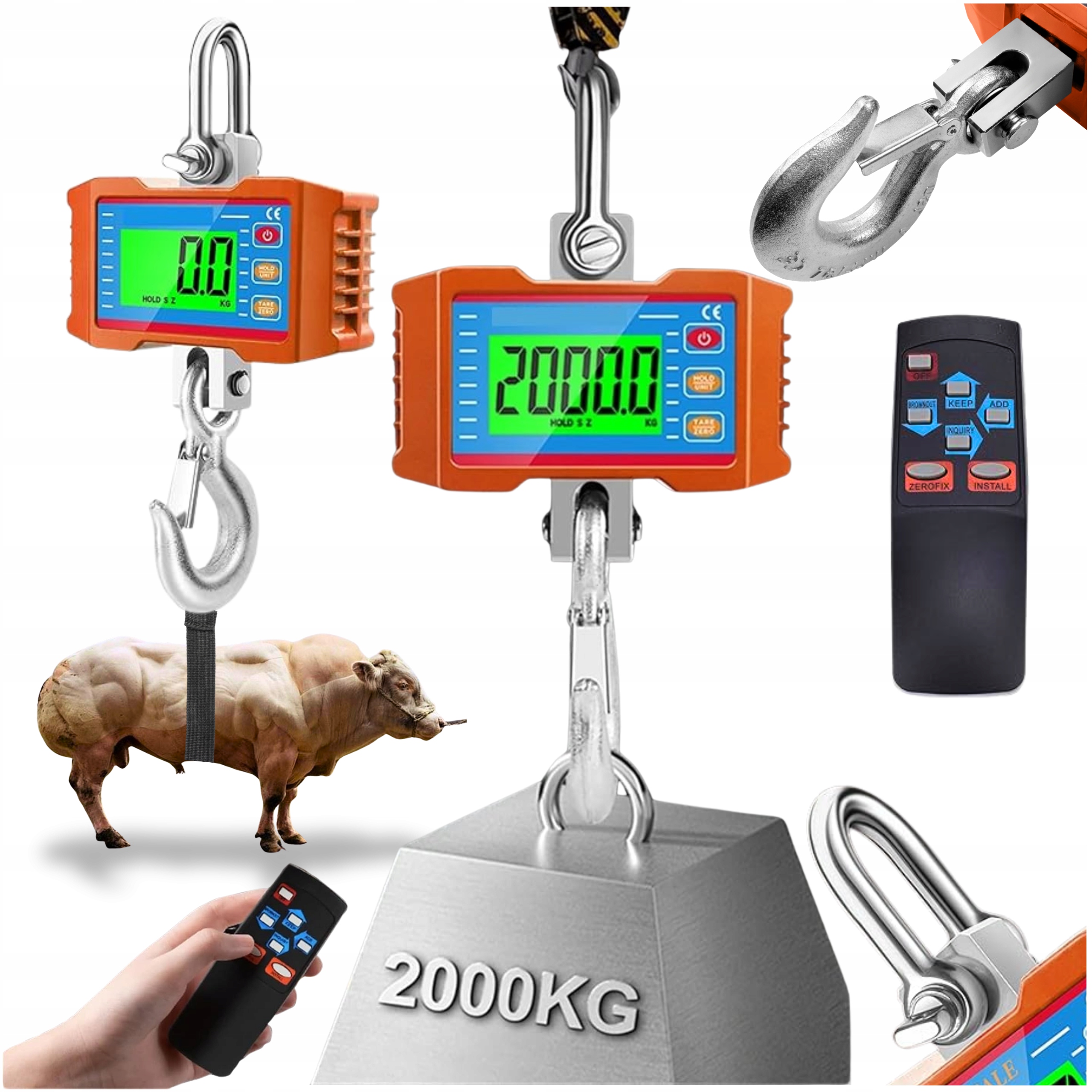 Elektronická Závěsná vážicí váha 2000 kg 2T, tuny, LCD, Pilot háček