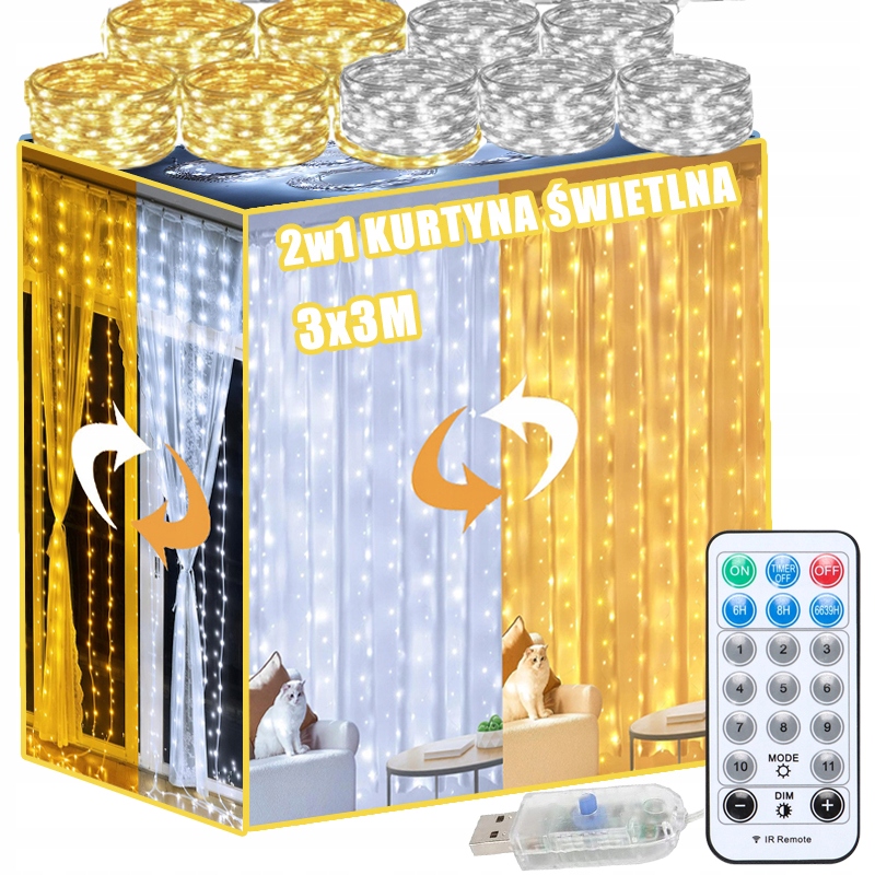 KURTYNA ŚWIETLNA LAMPKI CHOINKOWE ŚWIĄTECZNE 3X3M GĘSTE ŚWIATEŁKA 300LED