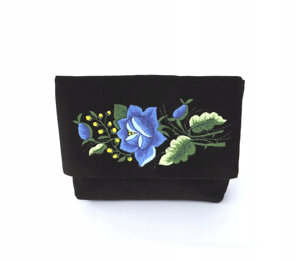 Černá psaníčko ze sametu s modrou rybářskou růží, ručně vyrobená rybářská výšivka