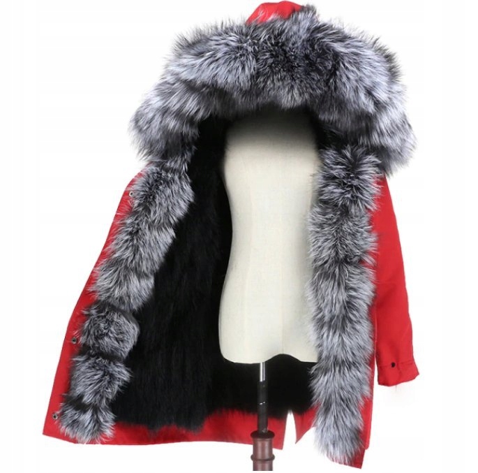 Parka Futro Jenot Srebrny Rudy Lis KOLORY 44 XXL Długość przed kolana