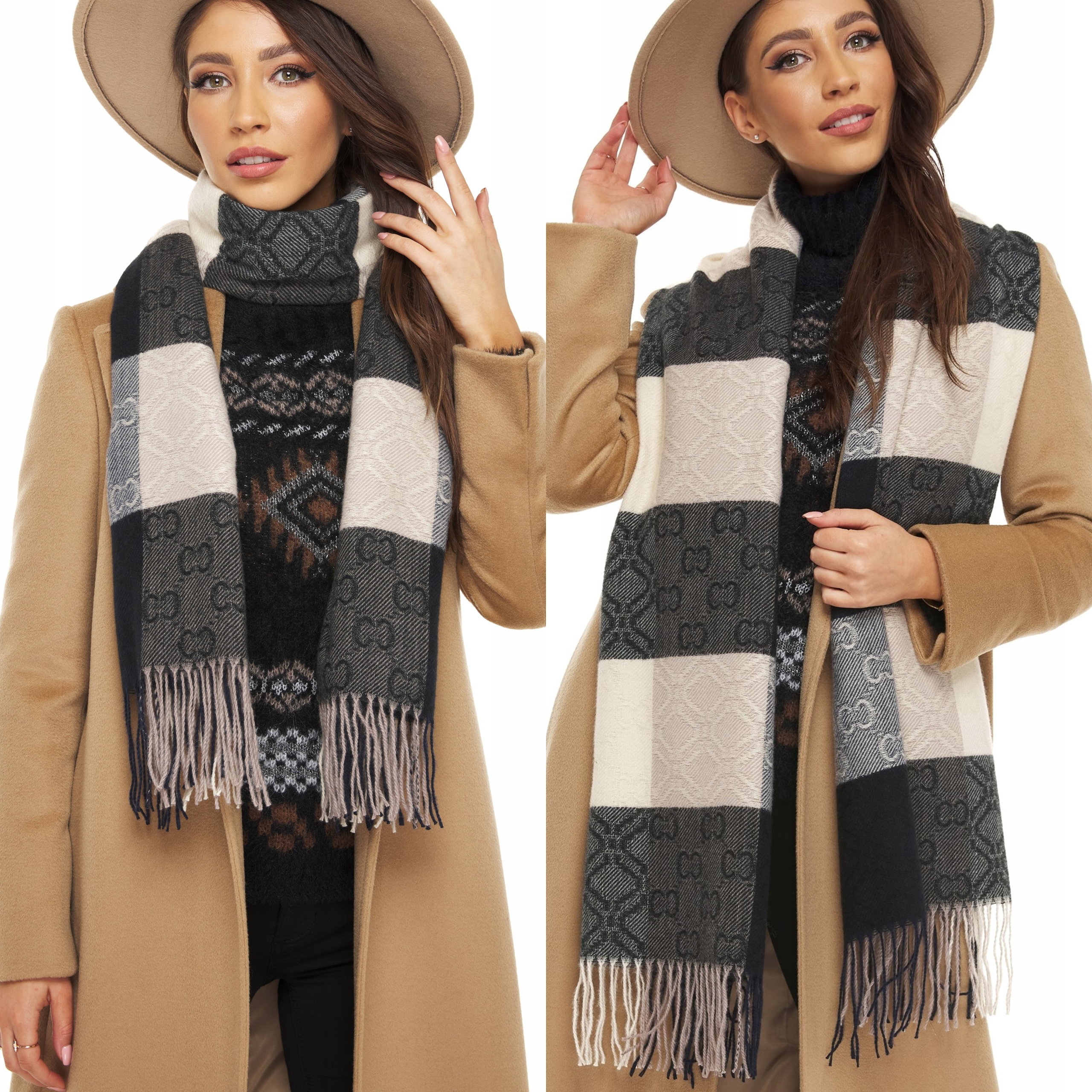 

Szal Szalik Ciepły krata frędzle czarny jasny beż