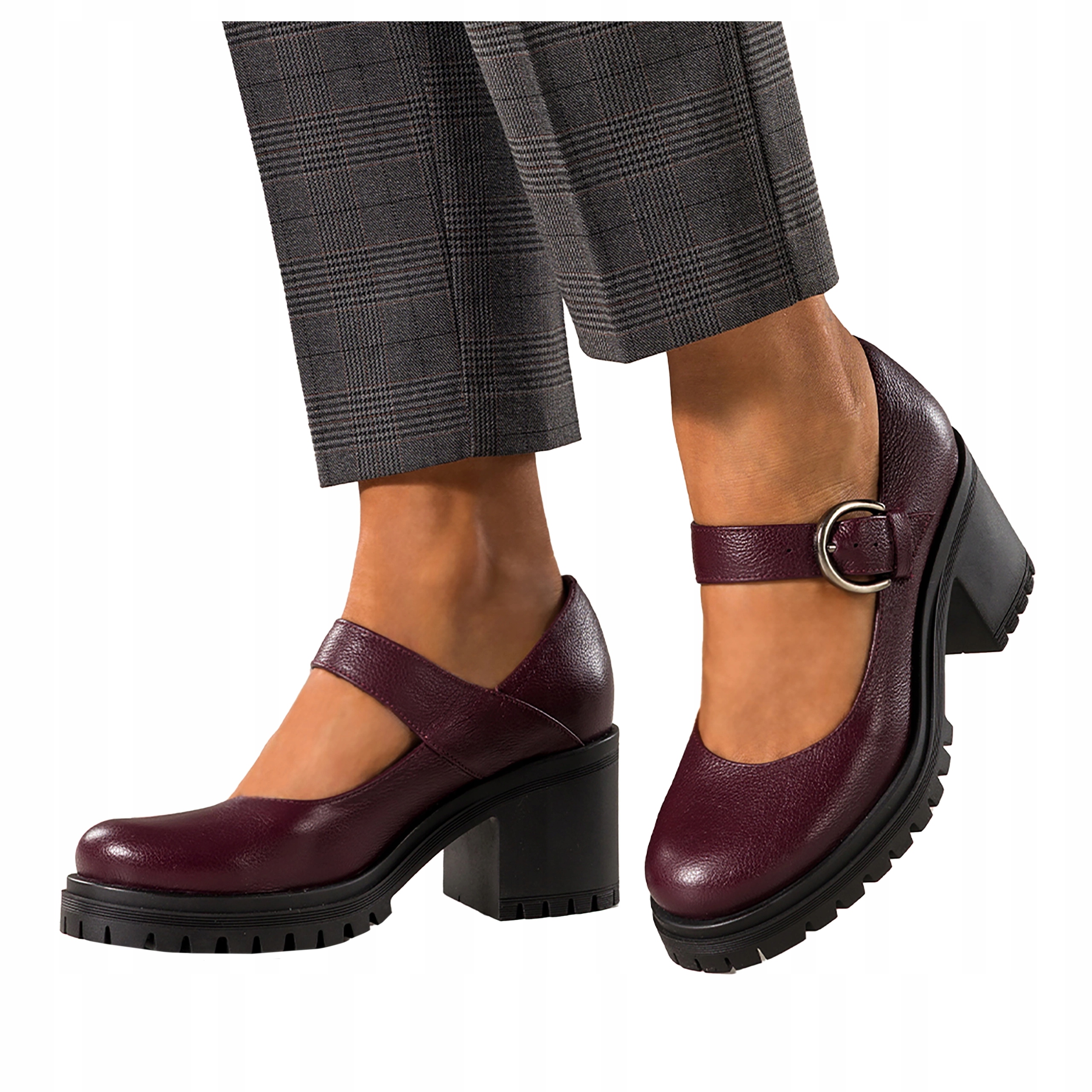 Bordové Kožené Polobotky Dámské Mary Jane Pohodlné Podpatky Klocek Spona vel 41