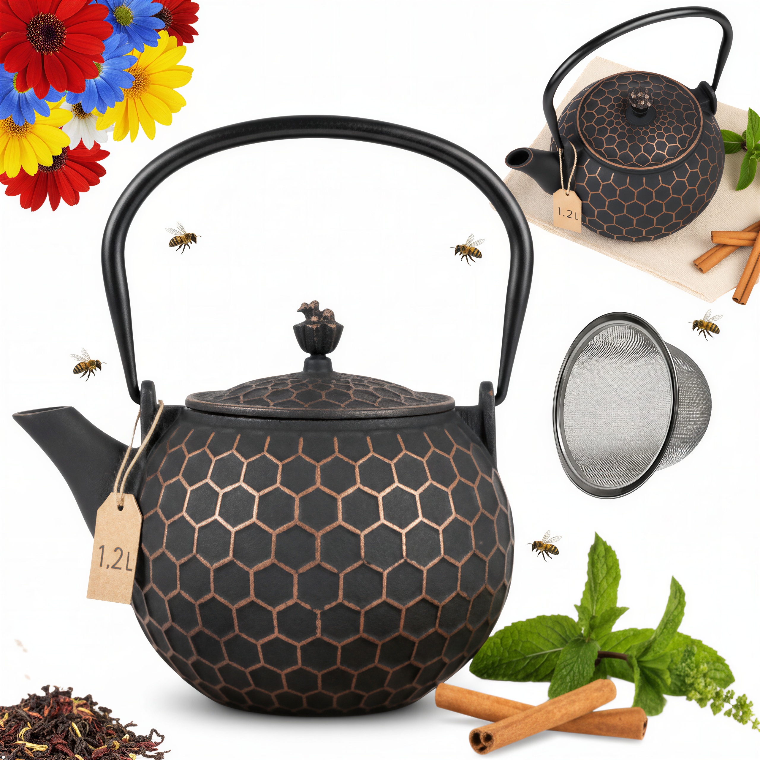 Konvice Litinová Zázvor Včela 1,2 L Spařovač Čaje A Bylinek Litina