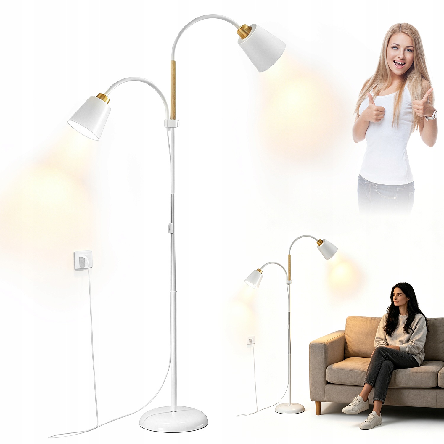 Stojací Lampa Dvojitá Podlahová Stojací Lampa Bílá, Nastavitelná Pro Čtení