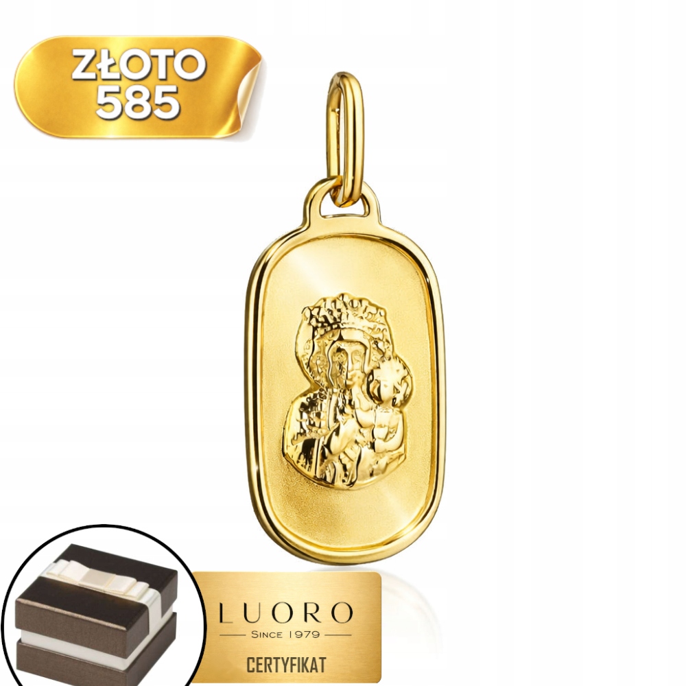 Zlatý Medailon 585 14K Panna Maria Čenstochovská Hladký Ovál 24 MM