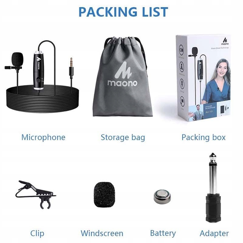 Profesionalny dynamiczny mikrofon krawatowy podcast MAONO AU-101 lavalier Rodzaj pojemnościowy