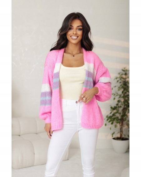 Dámský kardigan Oversize Vlna Akryl Růžový Módní Svetr Přehoz Pruhy