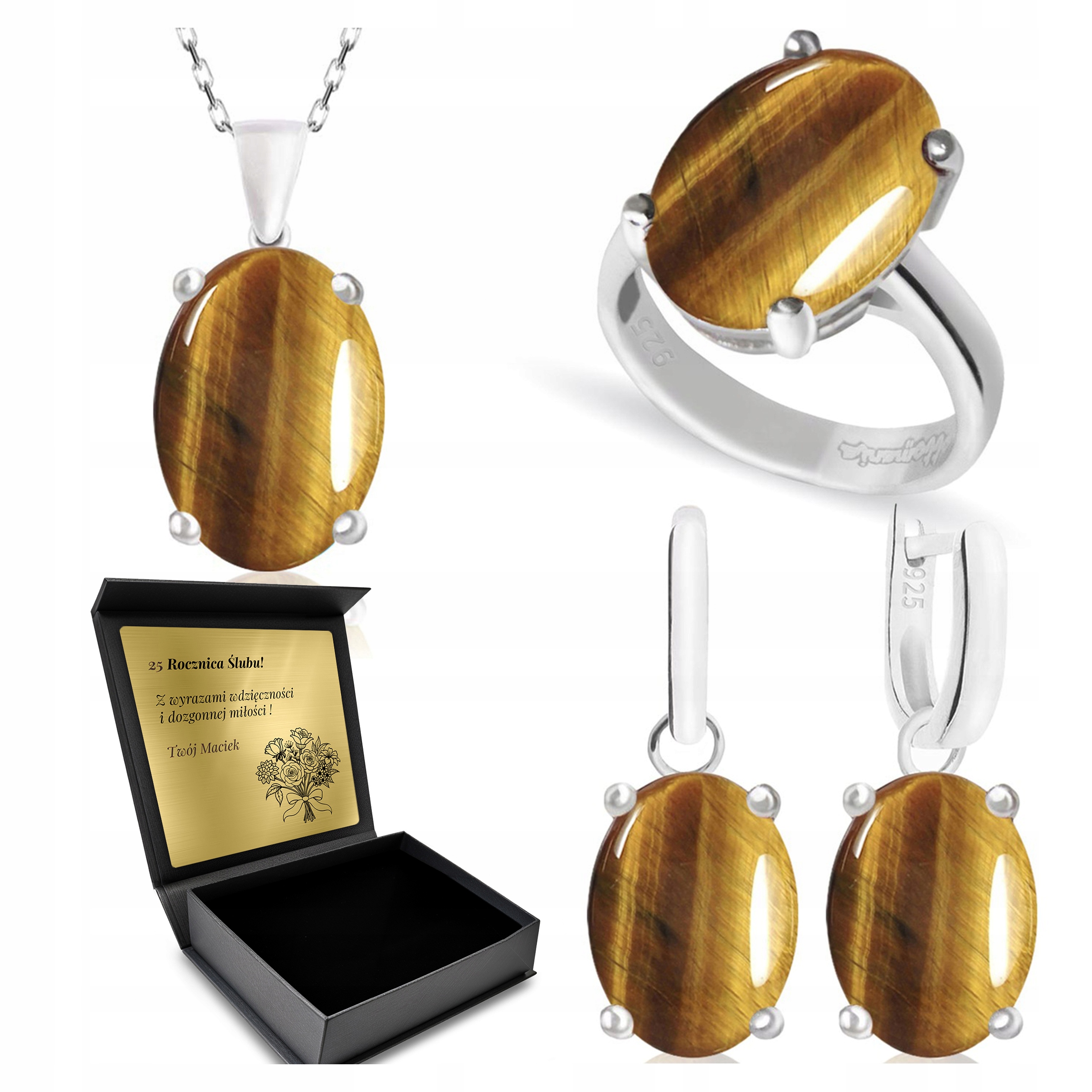 Komplet Stříbrných Šperků 925 Tygří Oko Dárek pro ženu Gravírování