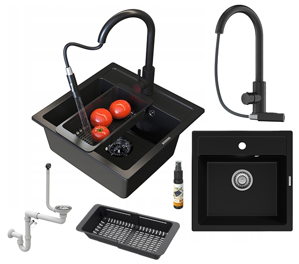 Granitový dřez Černý Malmo Sada Dřez baterie černá Loseto sifon
