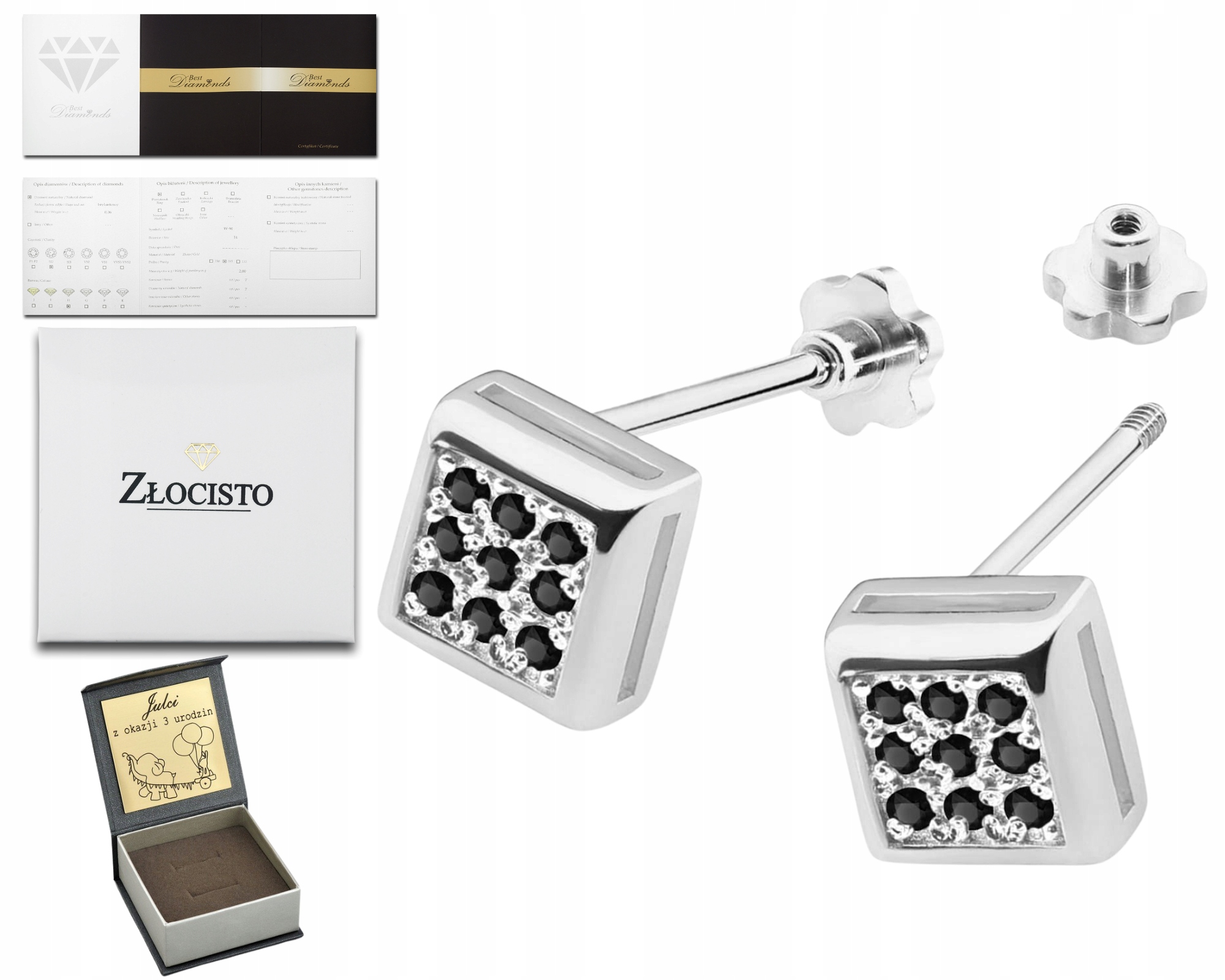 Náušnice z bílého zlata s černými diamanty, Čtverec závitový náušnic 585