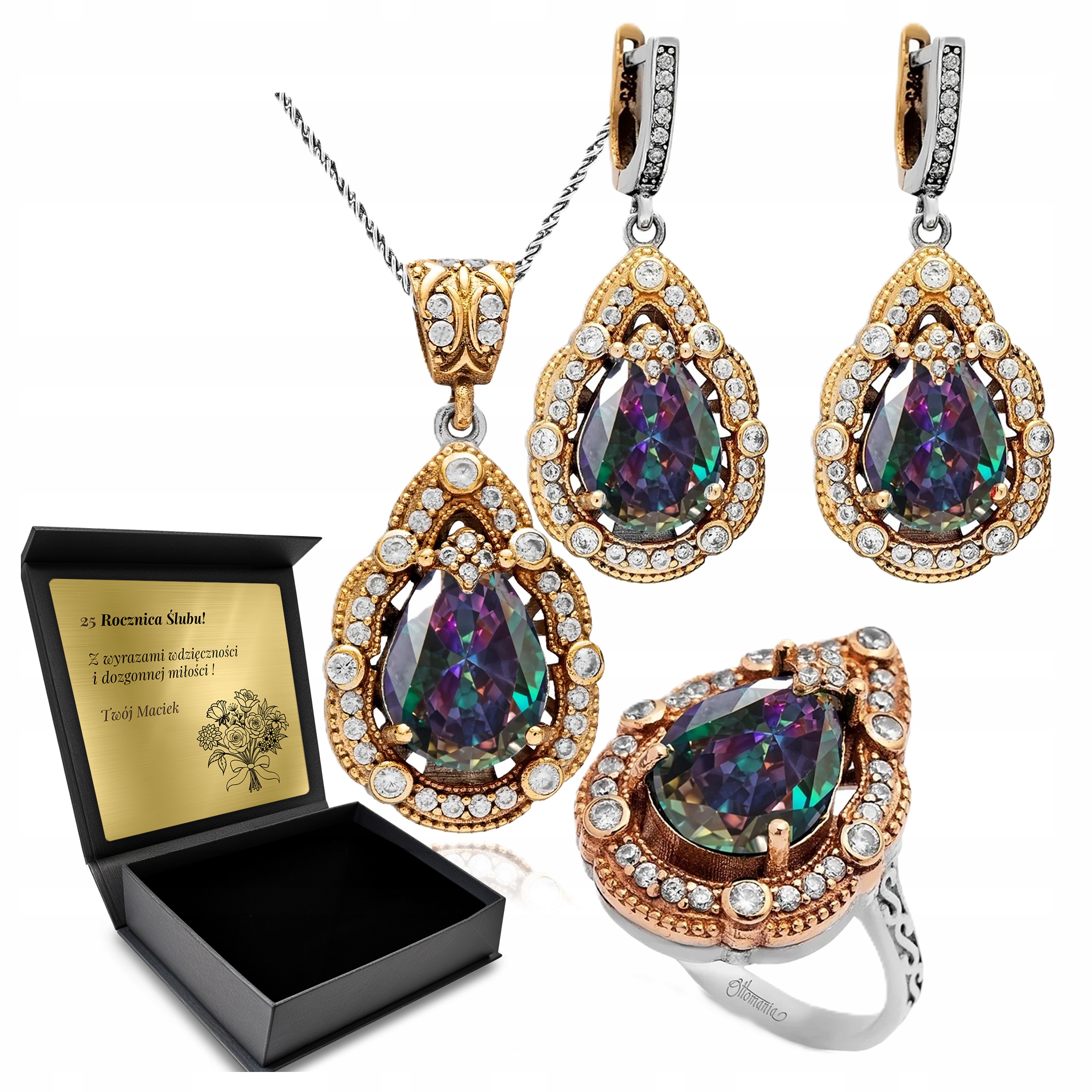 Sada Stříbrných Šperků 925 Zirkony Topaz Sada Pro Ženu Gravírování