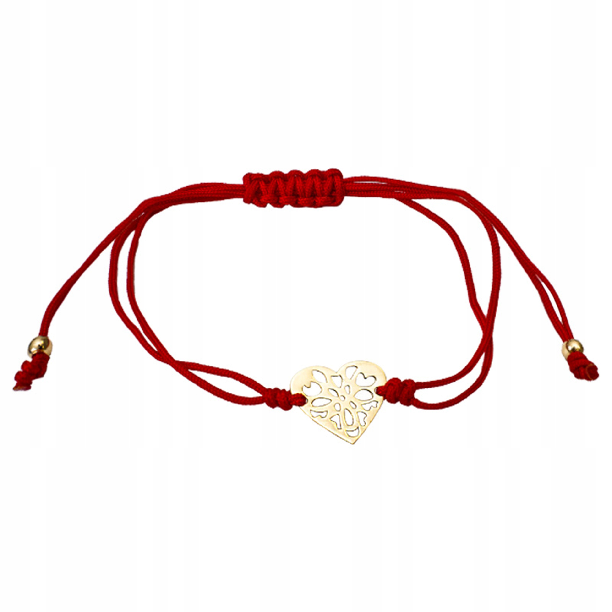 Šurkový červený náramek 585 se zlatými kuličkami a srdíčkem 19 Cm