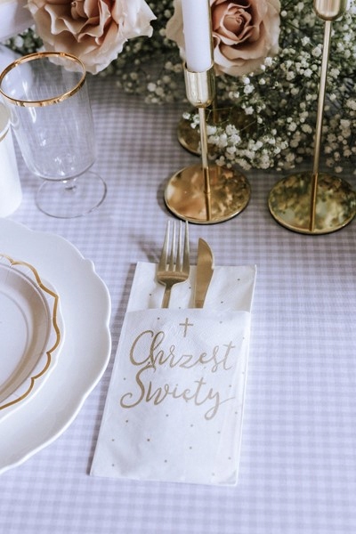 SERWETKI KIESZONKA NA SZTUĆCE BIAŁE ZE ZŁOTYM NAPISEM CHRZEST ŚWIĘTY 6 SZT Marka Party deco