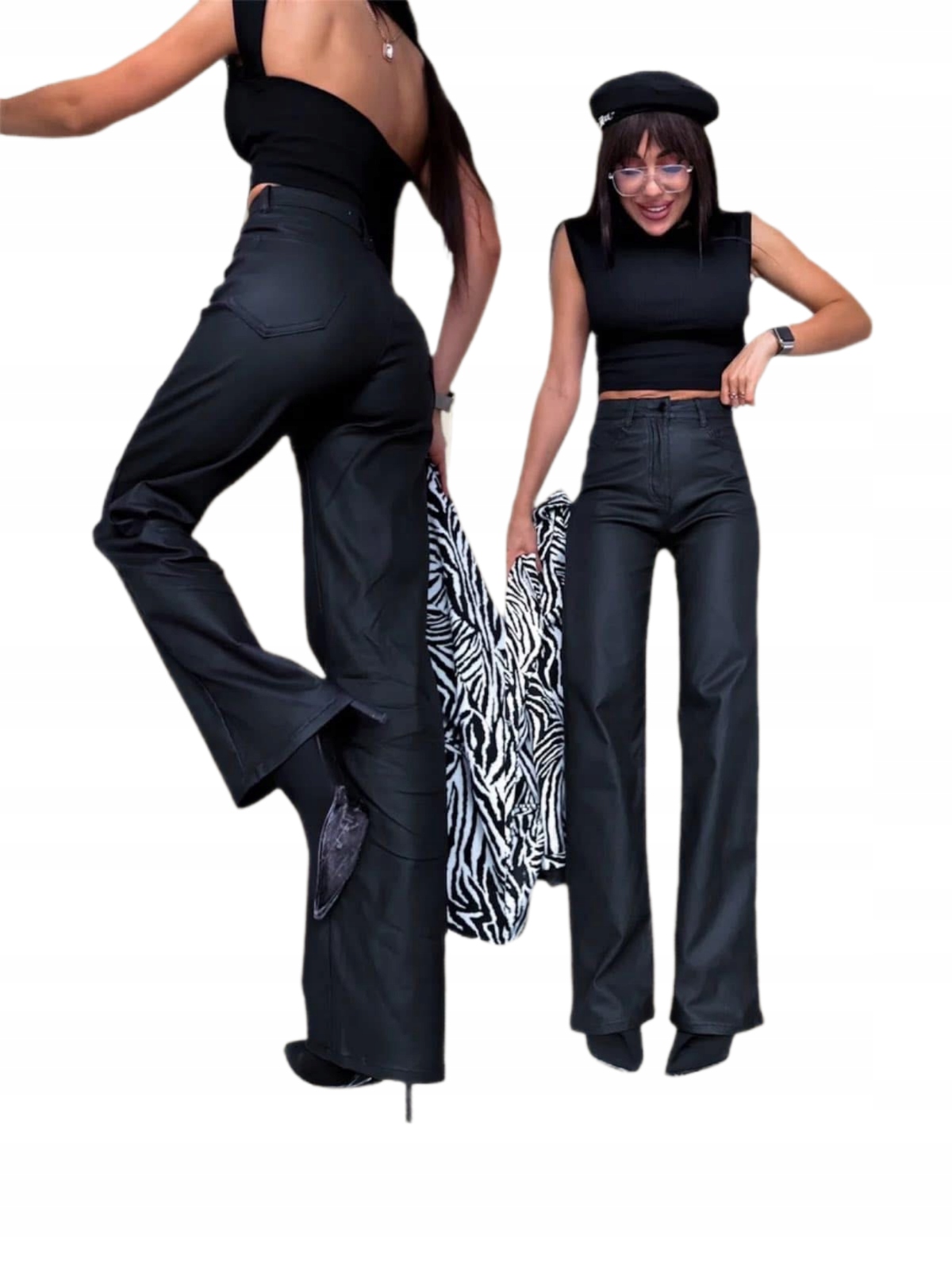 Spodnie Damskie Skórzane Jeansy Dzwony Szerokie Czarne