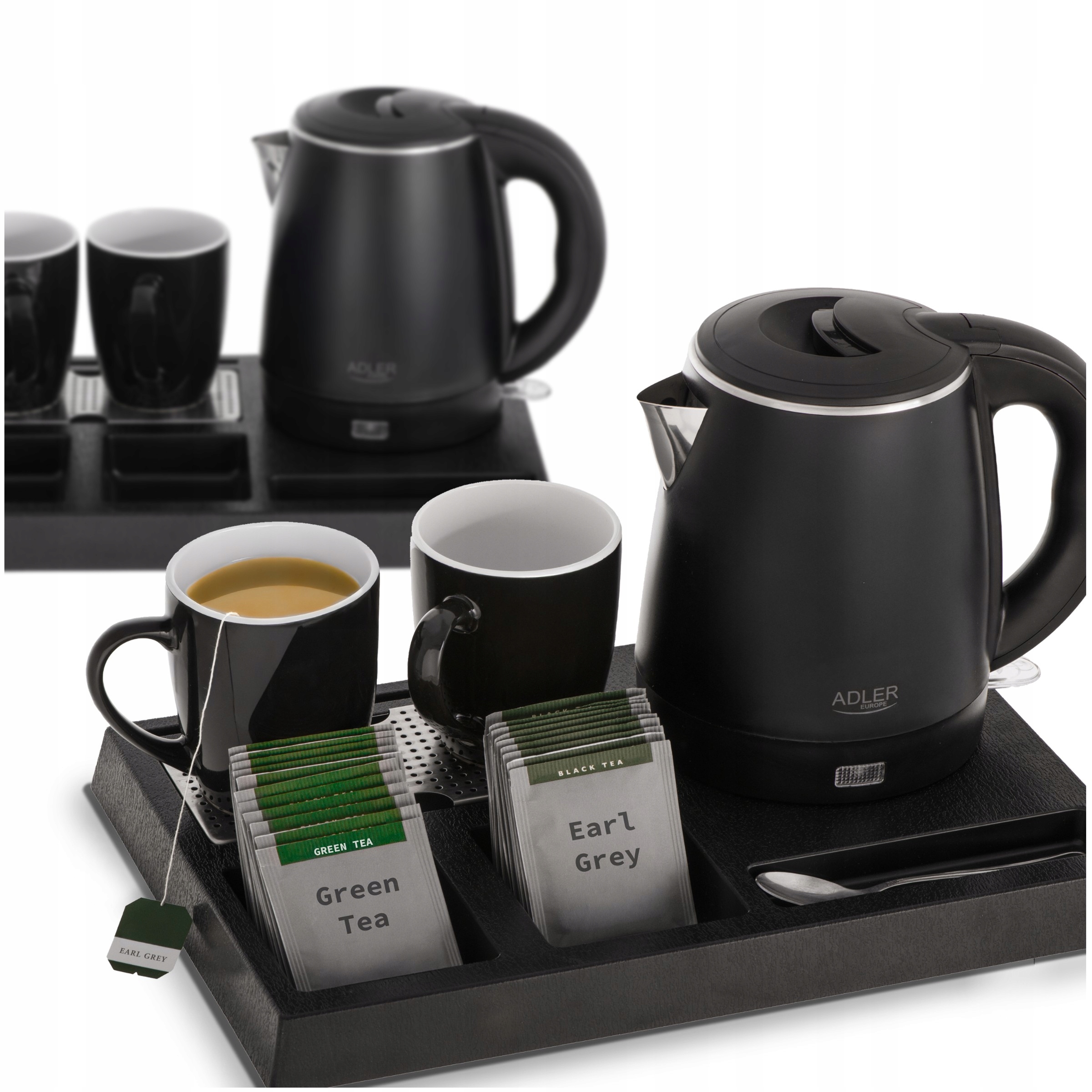 Czajnik Hotelowy 1L Stal Nierdzewna Tacka Kubki Przegródki Herbaty