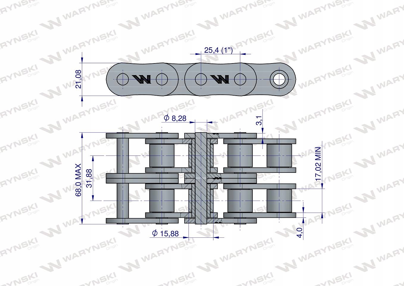 W-L16B2 - Роликовая цепь 16b-2 (R2 1) 5 м Варинский