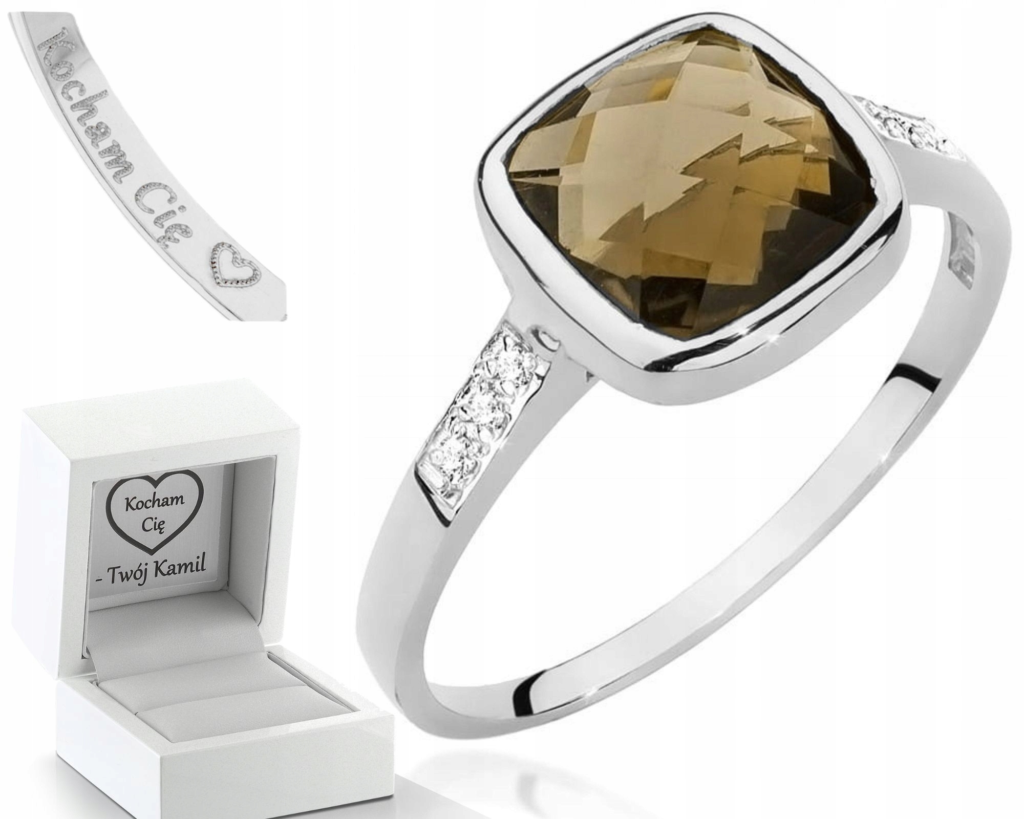 Prstýnek Z Bílého Zlata S Kouřovým Křemenem A Brilianty