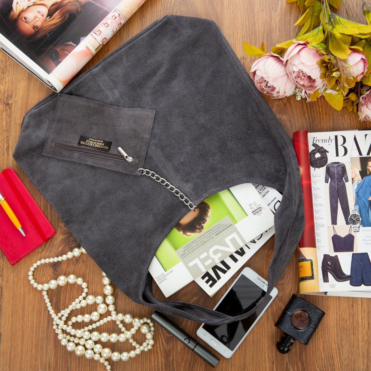 Torba Skórzana Vera Pelle Rossina Zamszowa Antracyt Głębokość produktu 17 cm