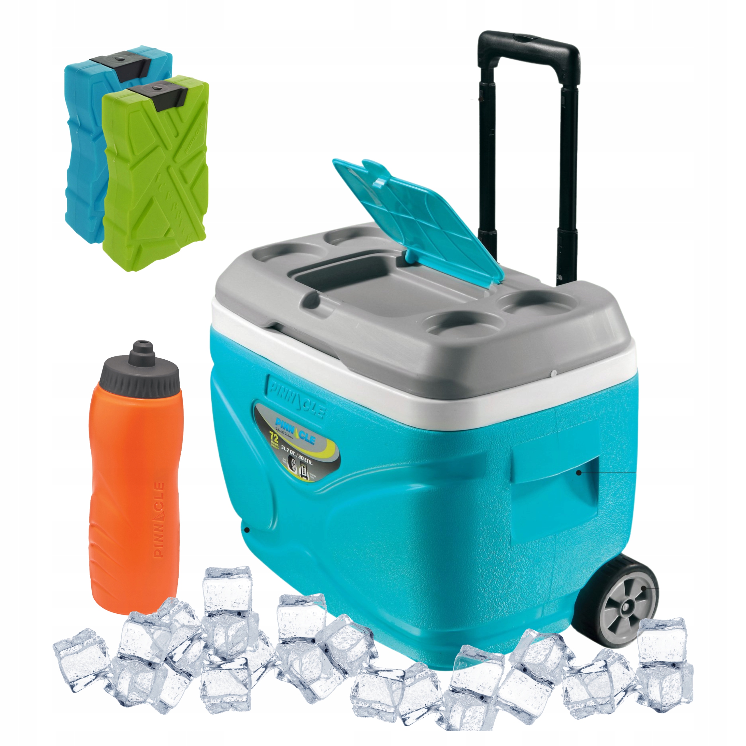 Turistická lednička s kolečky Pinnacle 30 l modrá 2 náplně 330 ml lahev na pití 1 l
