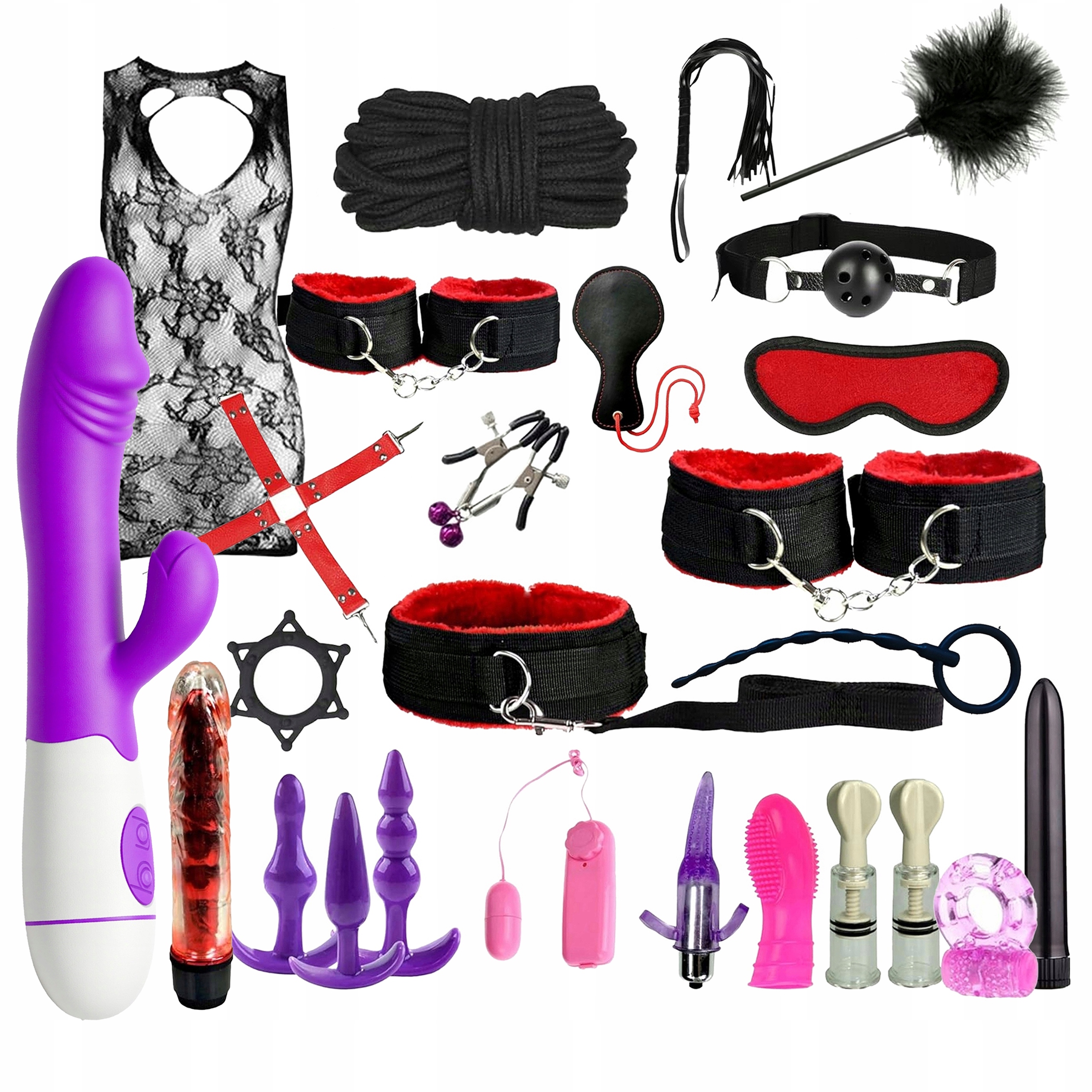 ZESTAW BDSM XXL WIBRATOR DILDO KAJDANKI KORKI OBROŻA KNEBEL OPASKA KLAMRY
