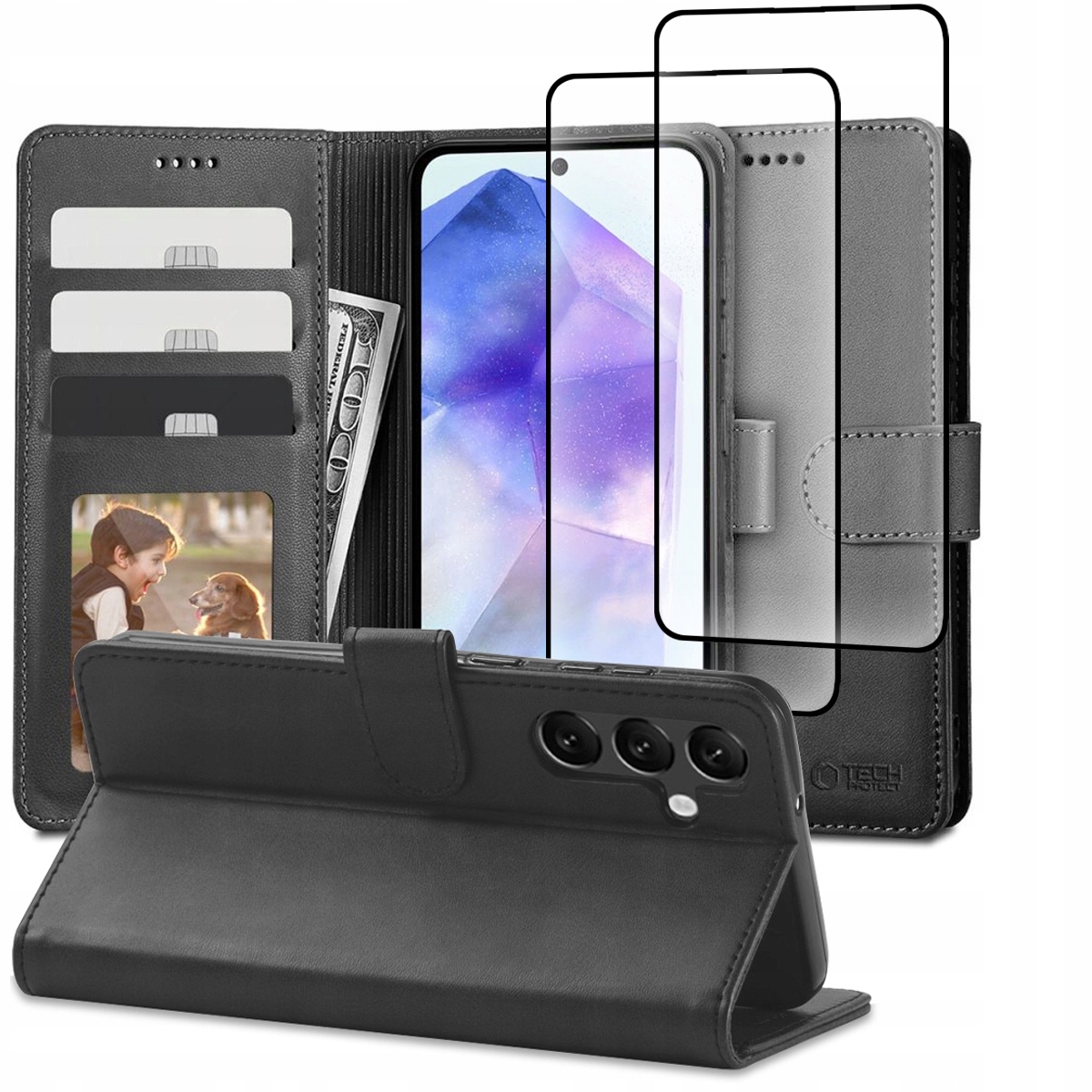 Składane Skórzane Etui Wallet Case Do Galaxy A55 5G Leather 2-PAK Szkło