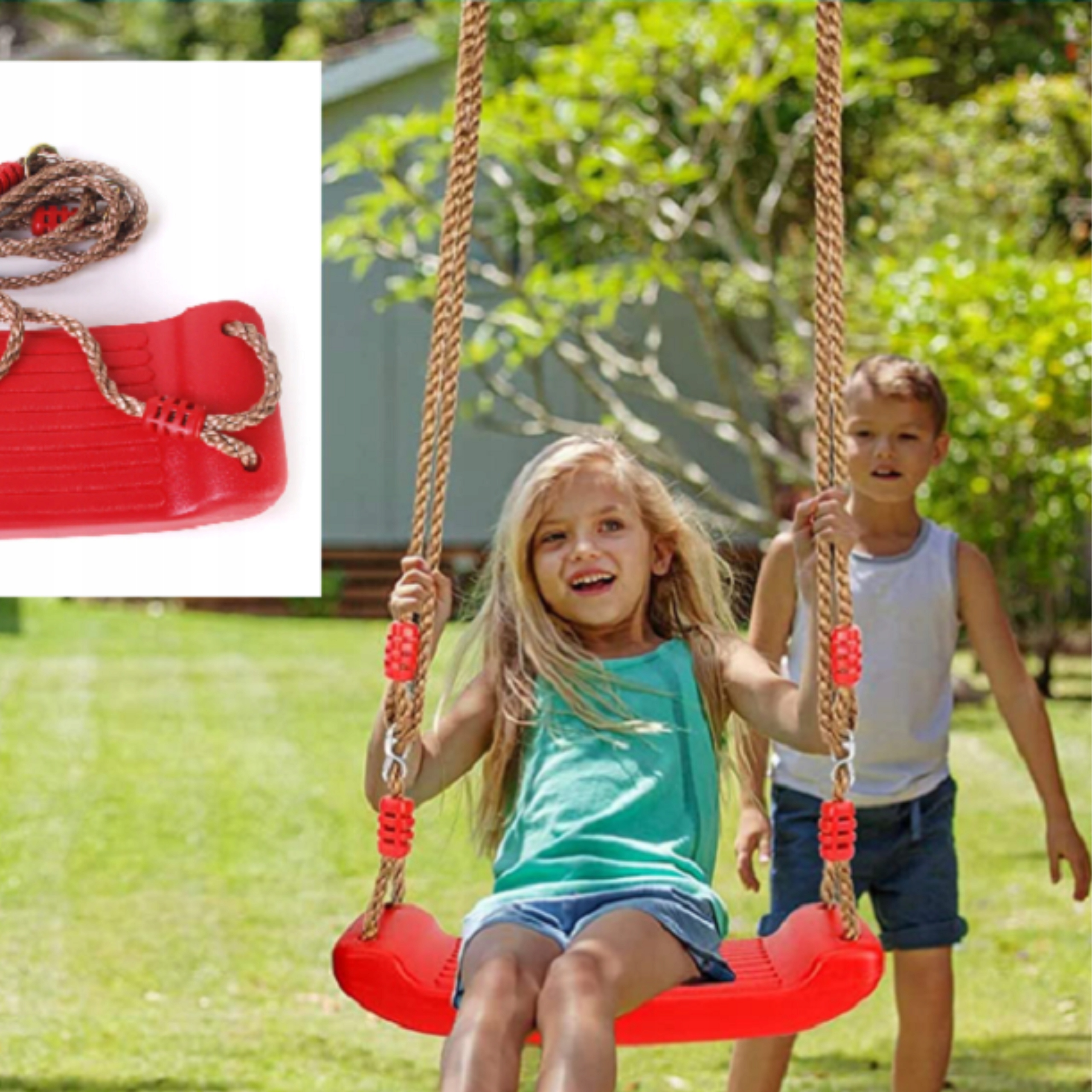 MOCNA HUŚTAWKA DLA DZIECI OGRODOWA DESKA SIEDZISKO PLASTIKOWE BUJAWKA LINY Szerokość produktu 17 cm