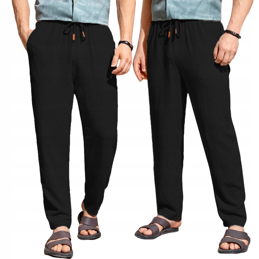 Letnie bawełniane lniane spodnie męskie oddychające luźne czarny Roz.XXL