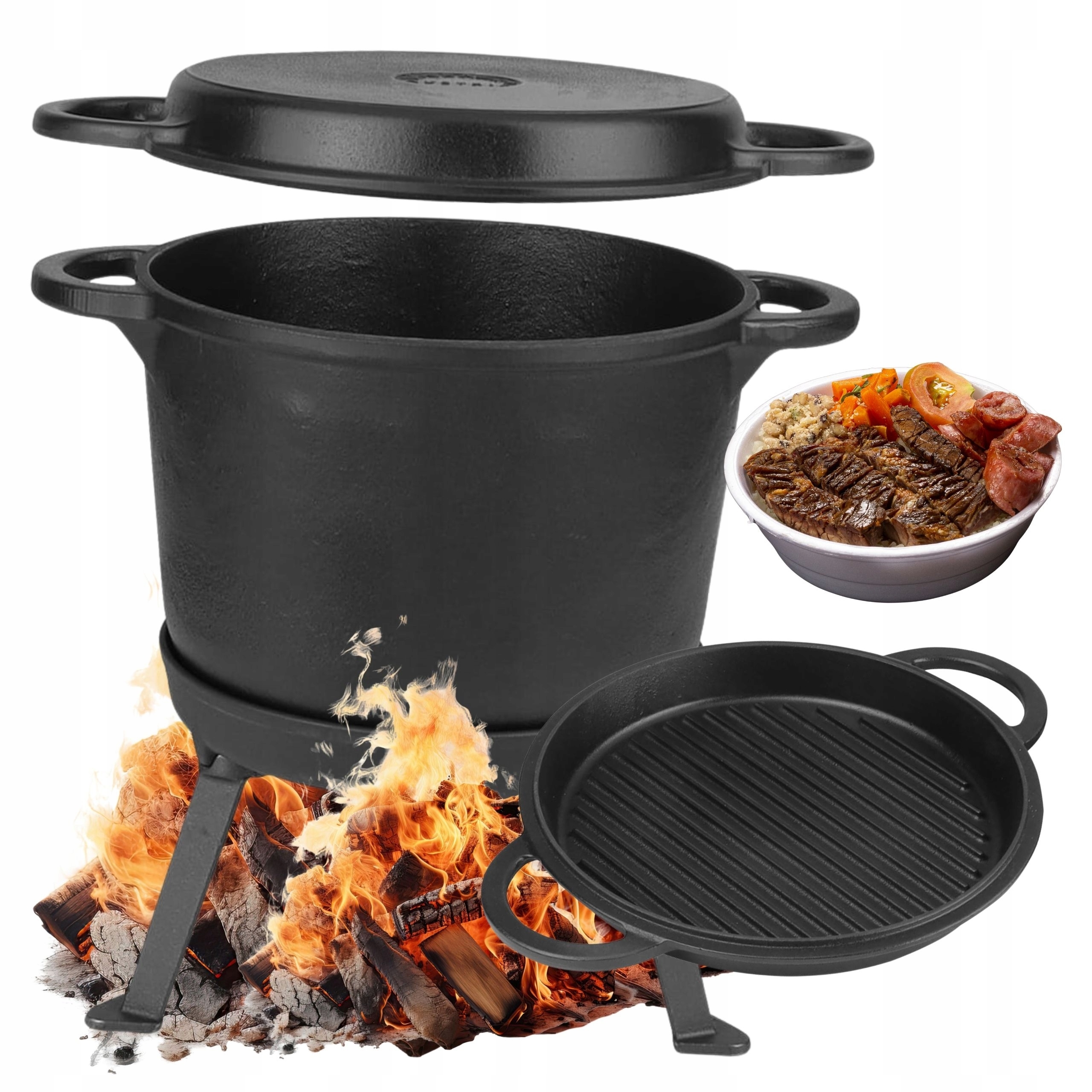 Litinový Kotel lovecký Velký stojící Hrnec na oheň gril 12 l