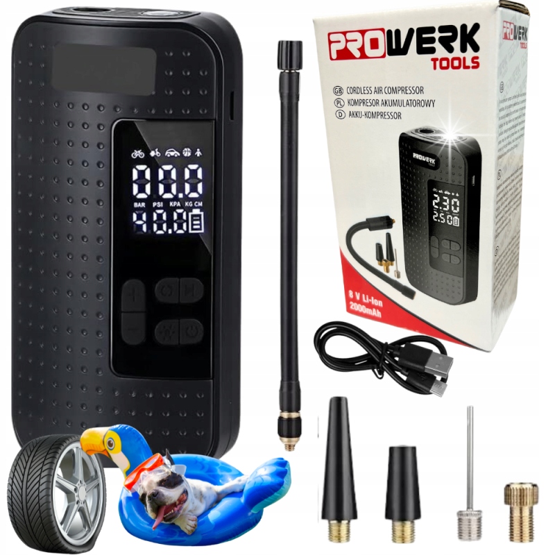 BEZPRZEWODOWY KOMPRESOR SAMOCHODOWY SPRĘŻARKA PRZENOŚNA POMPKA ROWEROWA KÓŁ