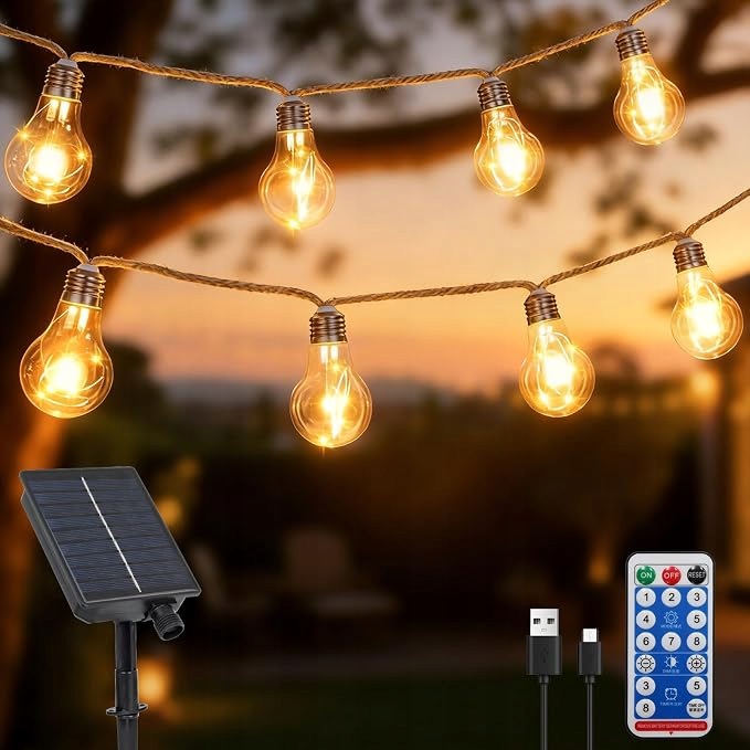 Solární světelný řetěz 10 m 20 Led Girlanda Konopné lano Ovladač Teplá bílá