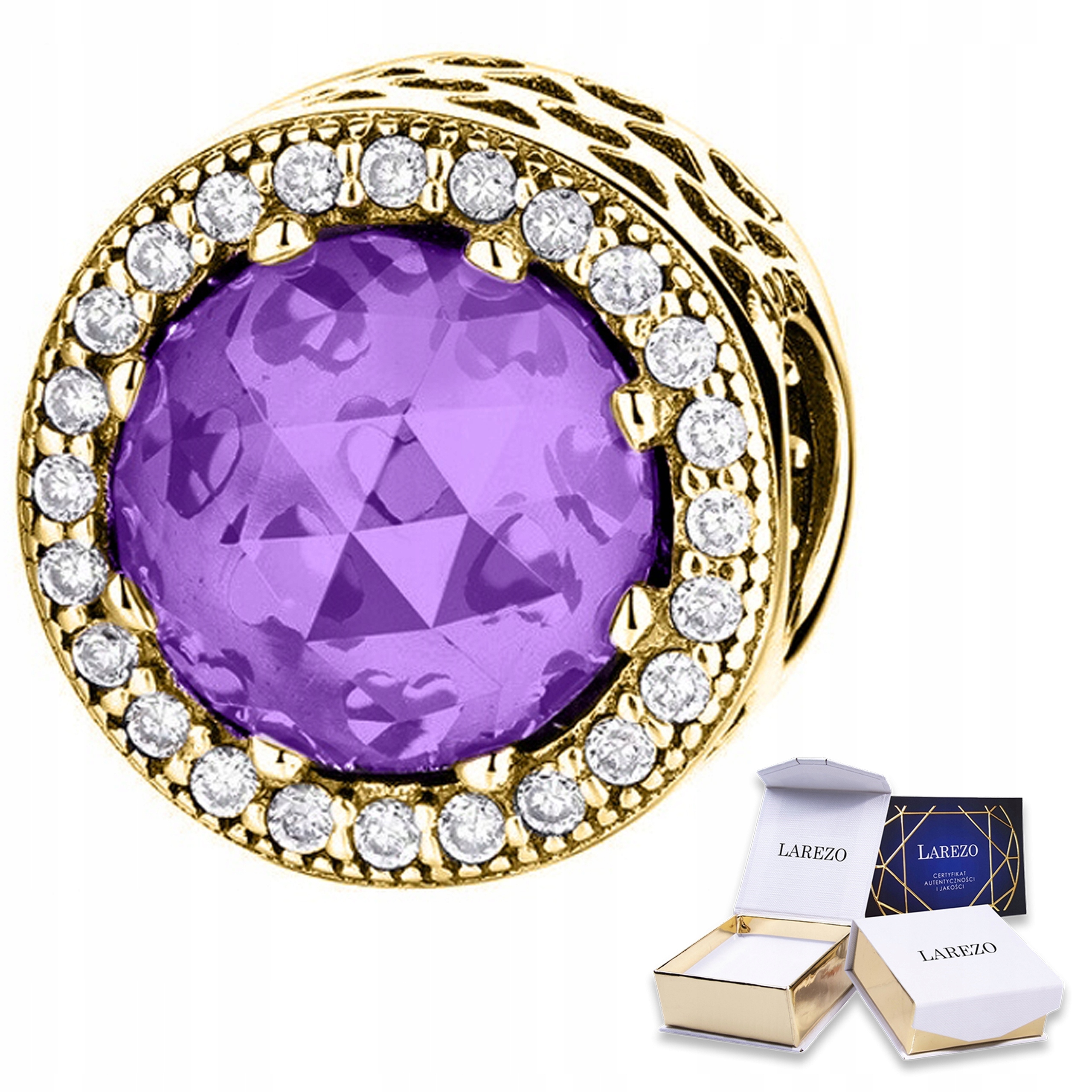 Zlatý Charms Fialový Kámen Klenot s Zirkony Korálek Stříbro 925