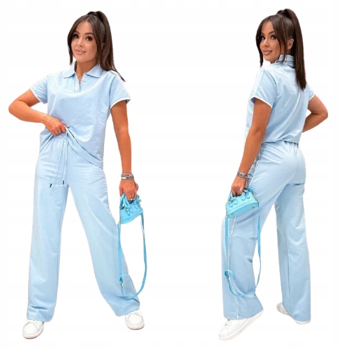 Bawełniany Komplet Dresowy Bluzka Polo Szerokie Spodnie Niebieski L/XL