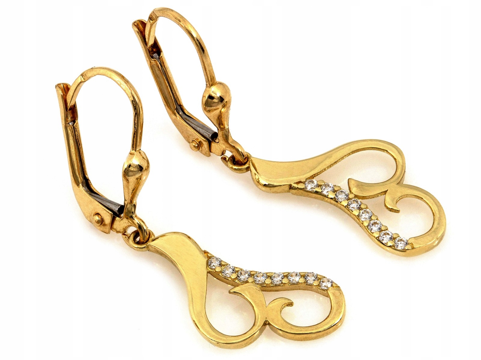 Náušnice zlaté závěsné anglické 585 elegantní vzor s bílými zirkony