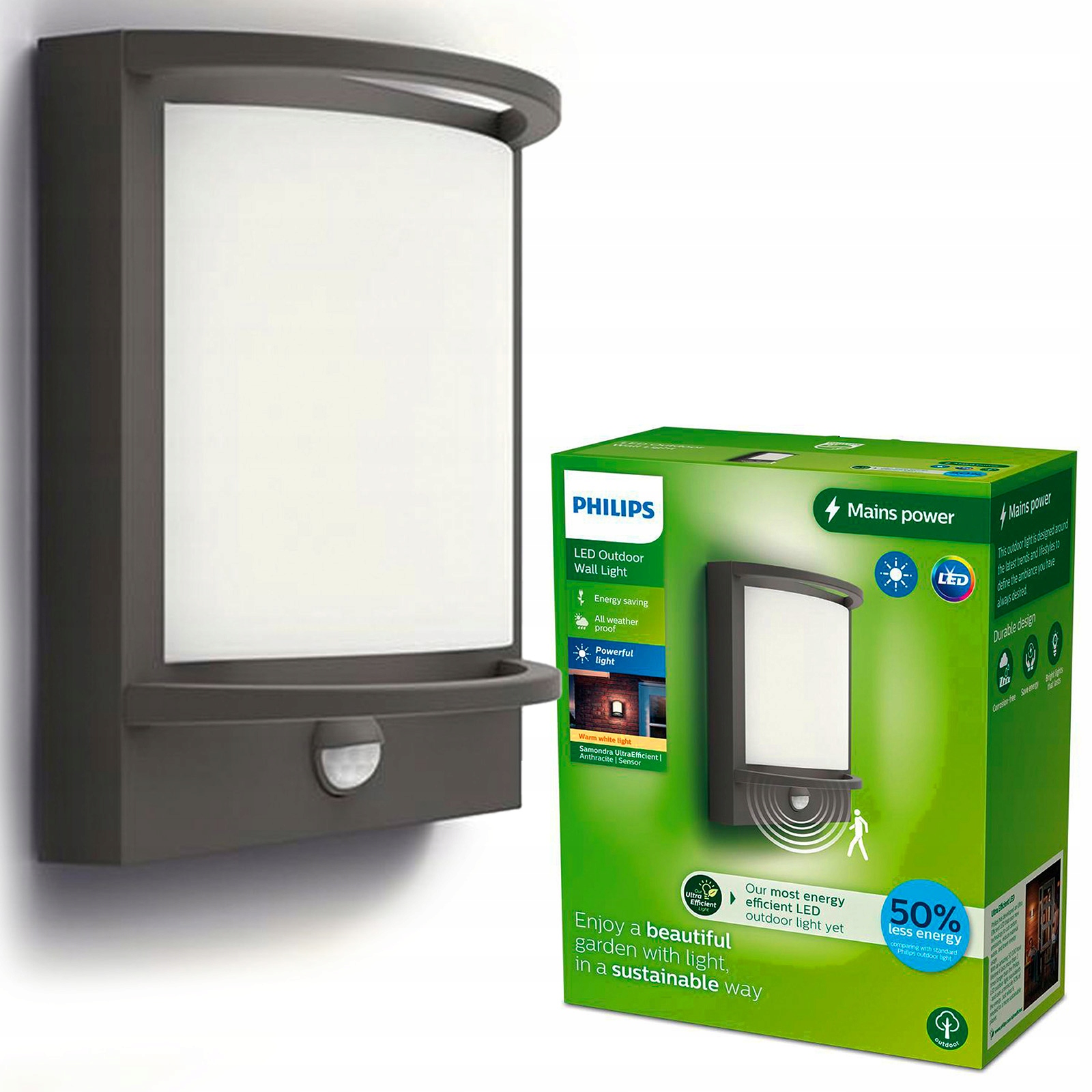 Záhradné Led svietidlo Fasádne nástenné svietidlo Samondra 3,8W Pohybový senzor Philips