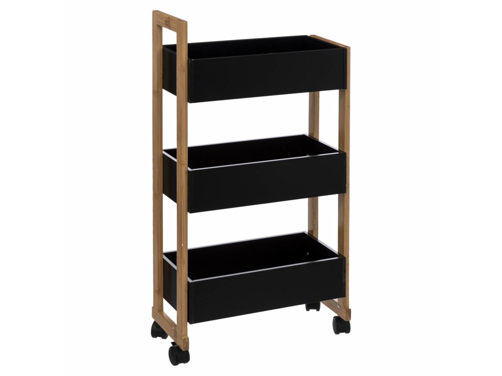 Koupelnový regál na kolečkách Bamboo, černý, 3patrový