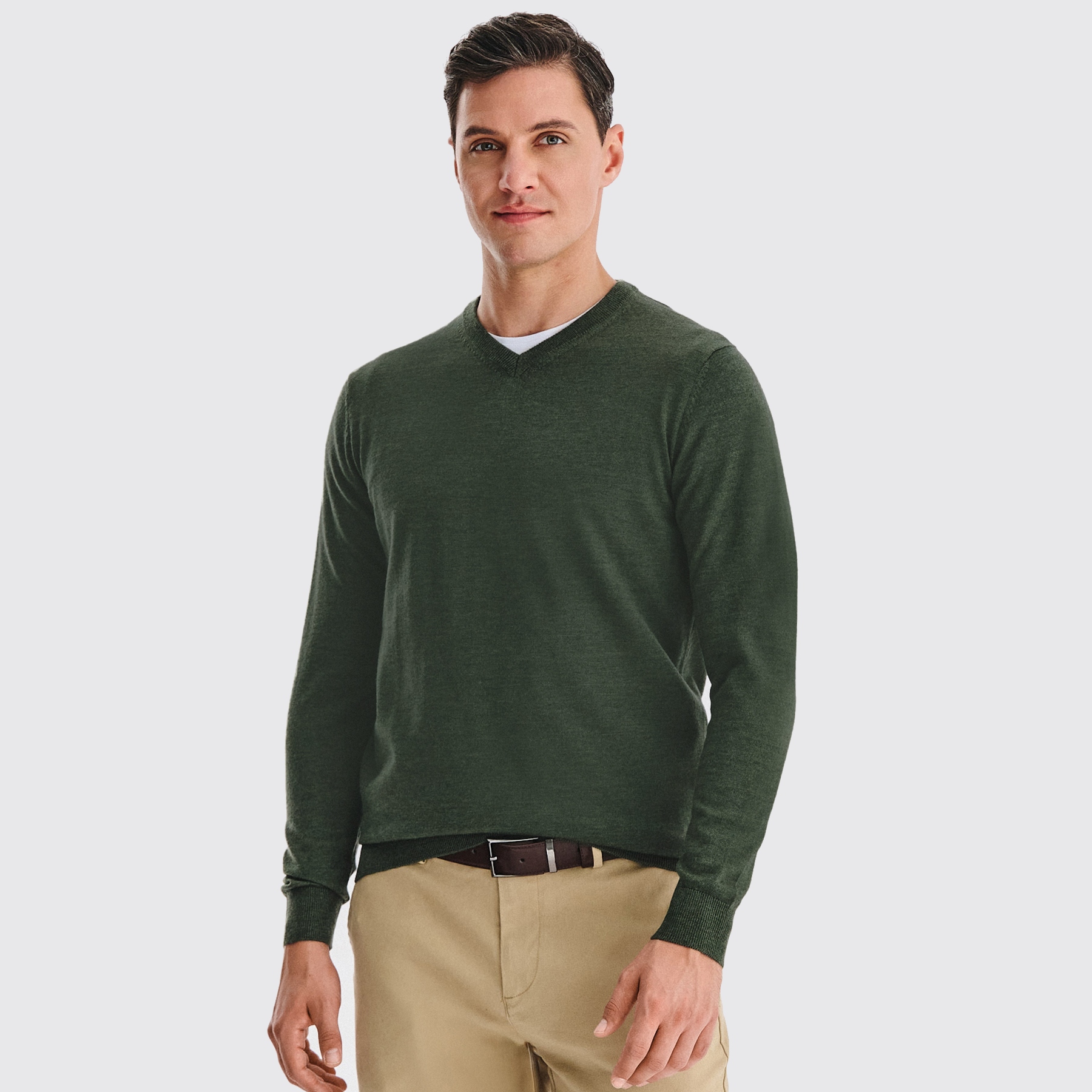 Zelený pánský svetr v-neck 100% merino vlna Pako Lorente vel 3XL