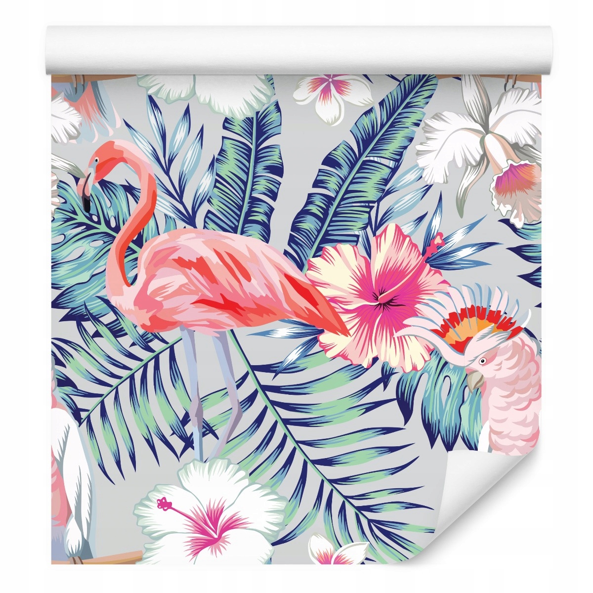 Tapeta do ložnice Plameňáci papouščí listy květy