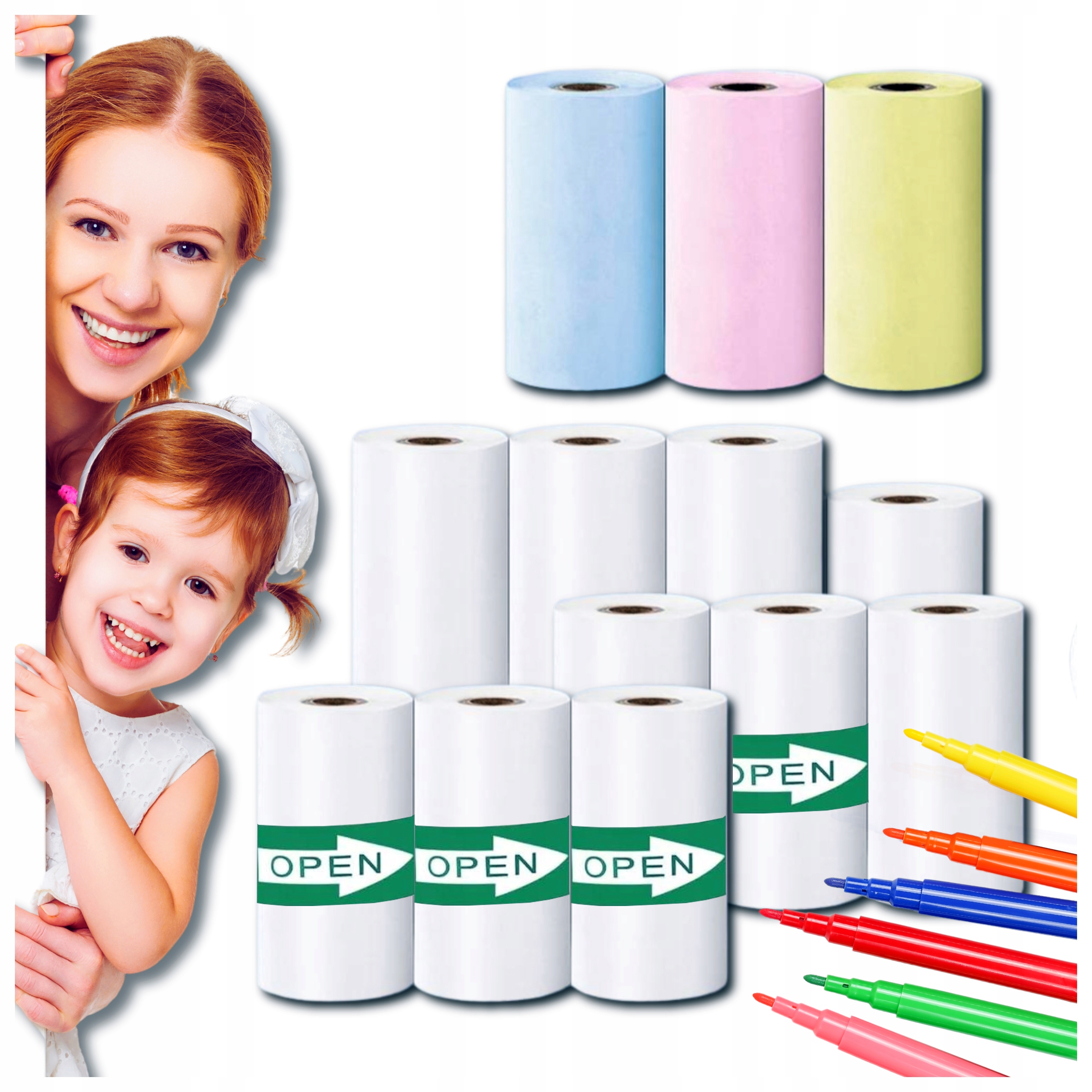 DRUKUŚ PAPIER TERMICZNY KOLOROWY I SAMOPRZYLEPNY ROLKI 13 SZT MINI DRUKARKI