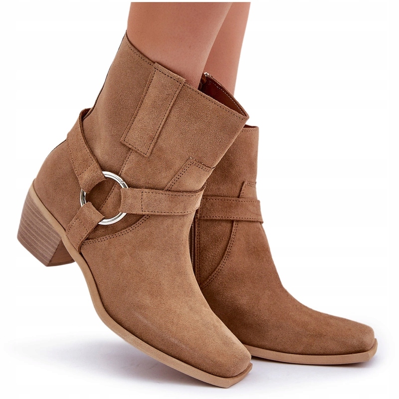 Kotníkové Boty Na Nízkém Semišovém Podpatku Se Zipem A Pásky Zazoo 3444/2 Béžové 38