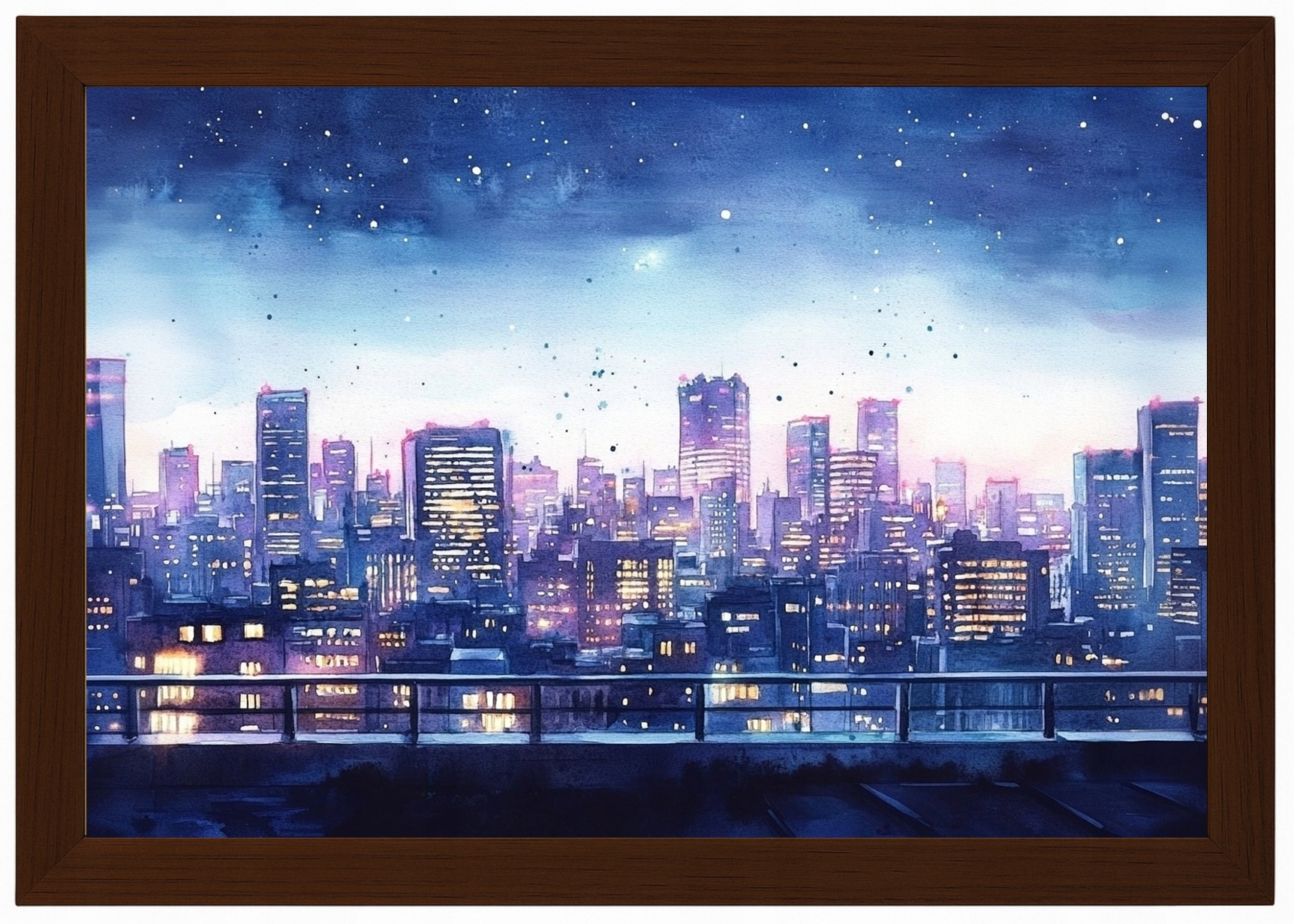 Plakát Rámeček Dřevo Pohled Město Panorama Mrakodrapy Terasa Večer 93x62