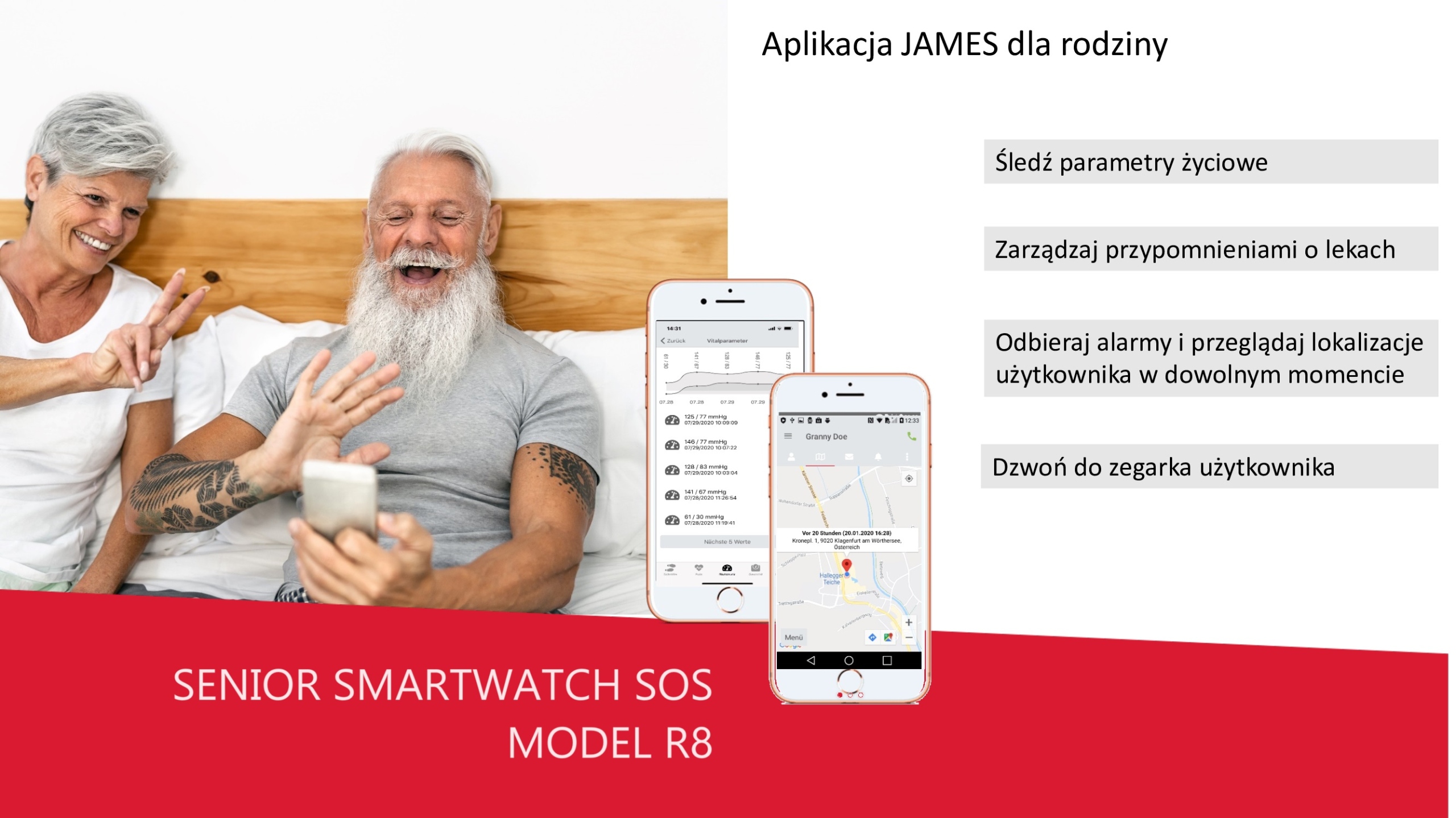 SENIOR SMART OPASKA SOS R8 PRO + TELEOPIEKA & TELEASEKURACJA ZDROWIA 24/7 Kompatybilność systemowa Android iOS