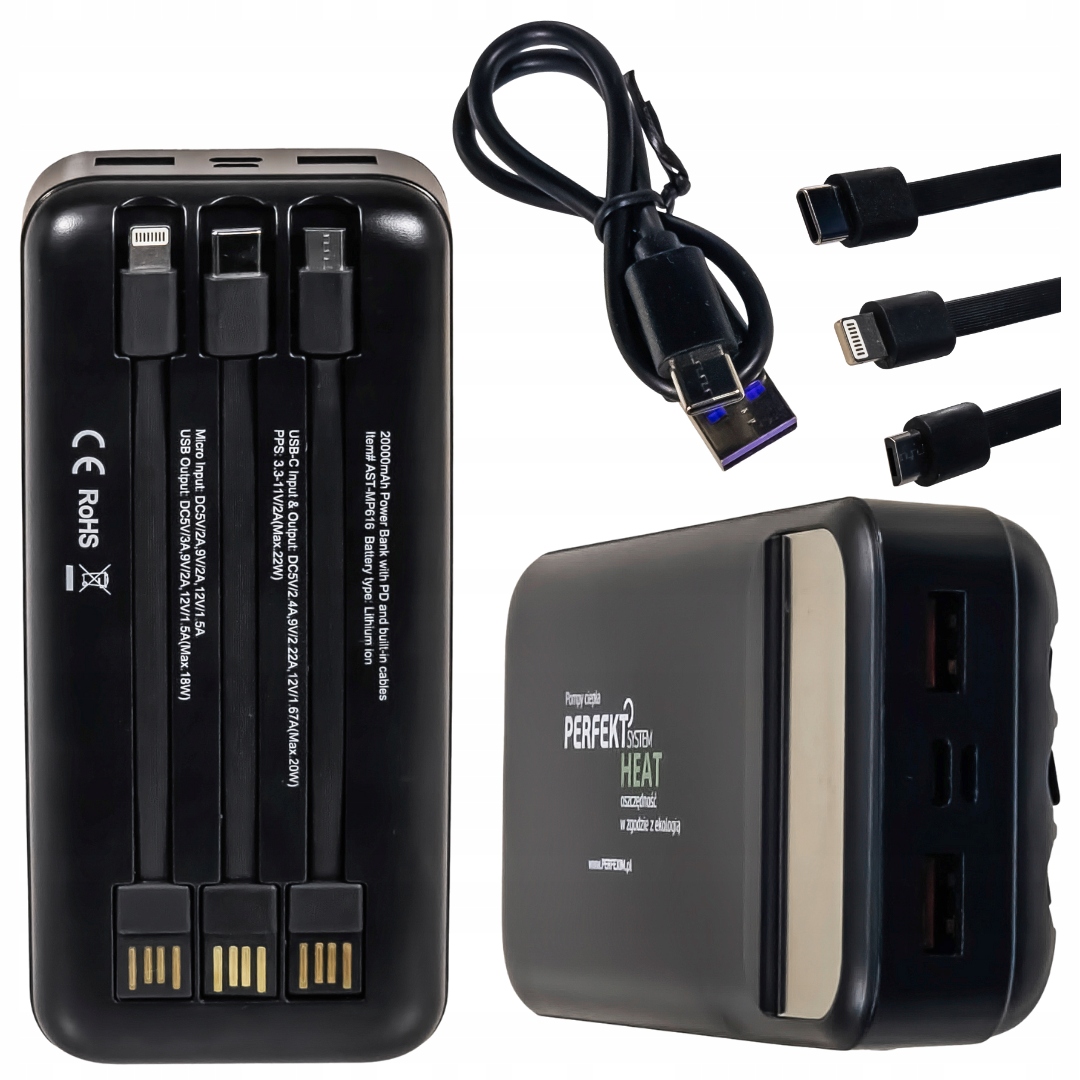 Powerbank Z Wbudowanymi Kablami Funkcja Pd 20000mAh Micro/ Usb-c/ Lightning