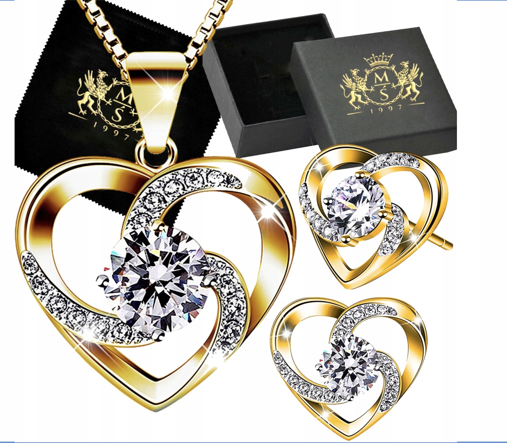 Komplet Biżuterii Srebrny Srebro 925 Serca Łańcuszek Kolczyki Na Sztyftach