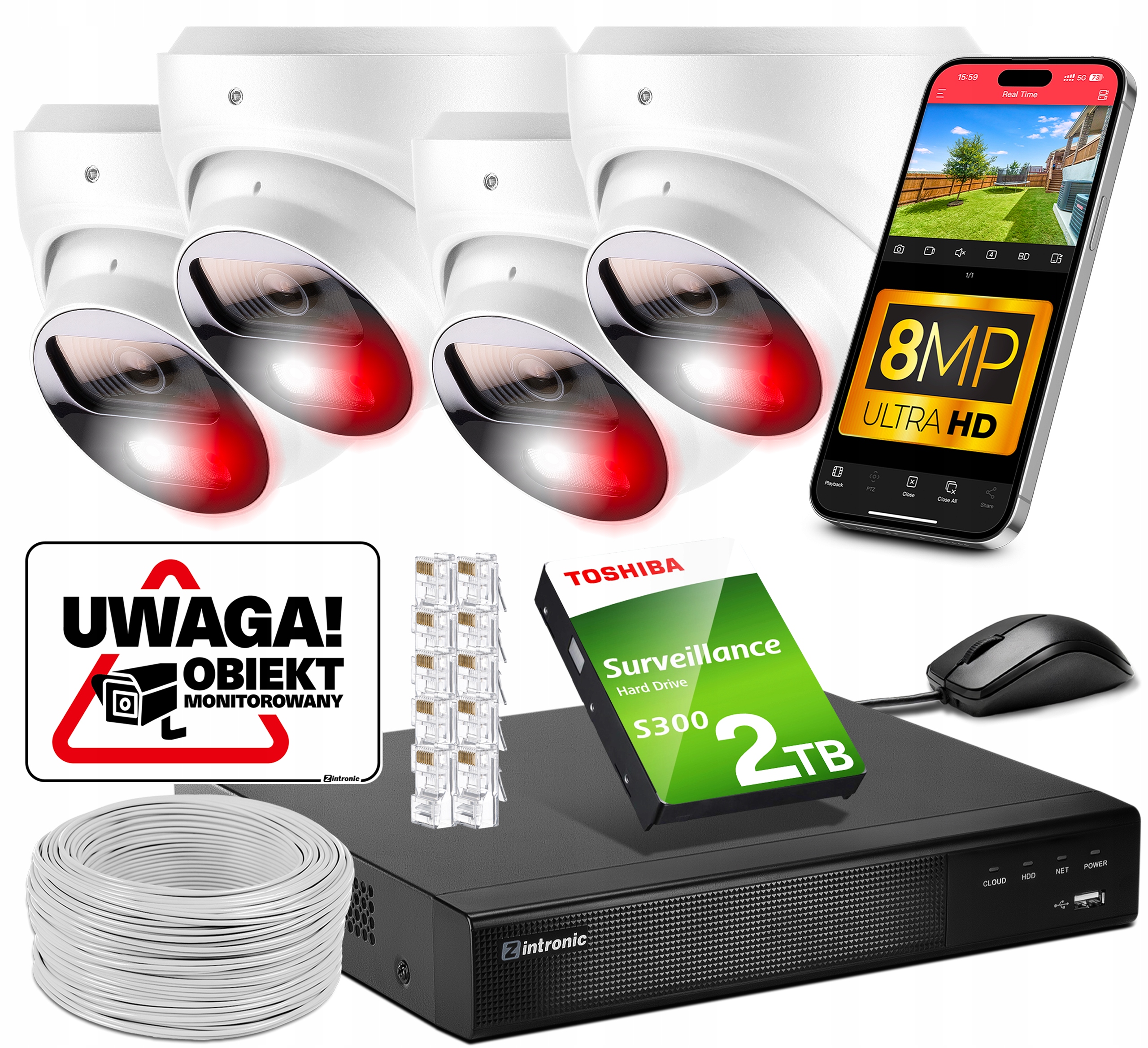 Monitoring Sklepu 4 kamery Poe 4K Uhd 8MPx Kopułki Detekcja, Audio 2TB