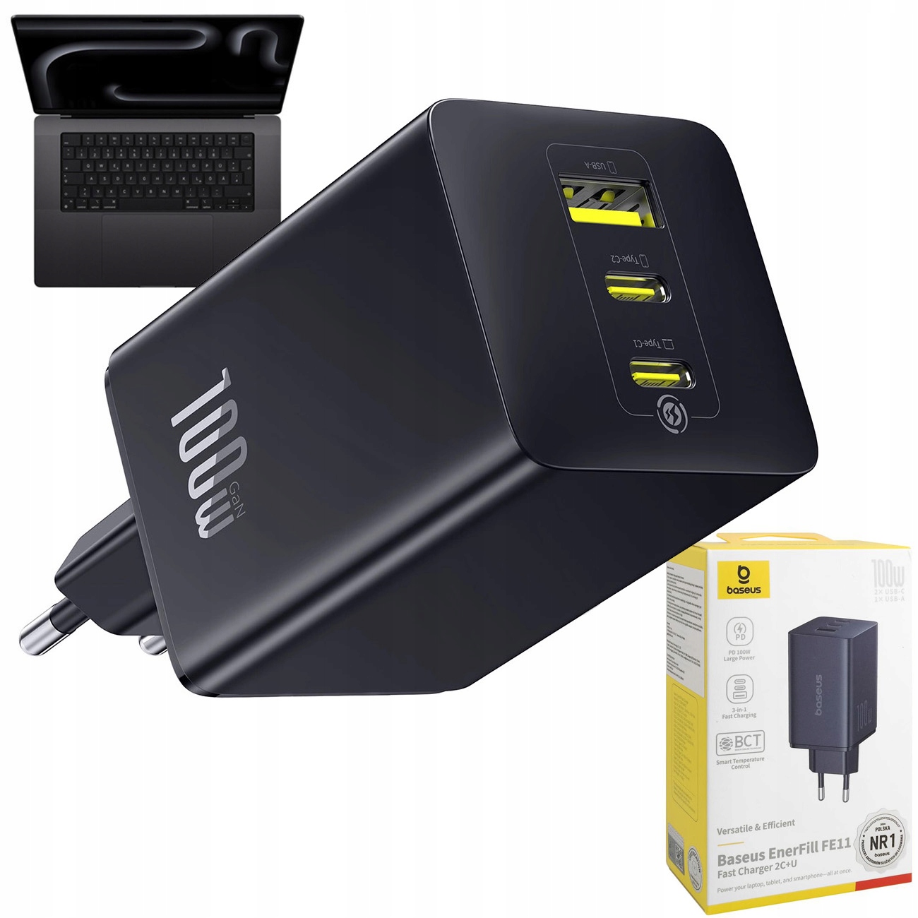 Baseus Rychlá síťová nabíječka 2x Usb-c Usb-a 100W Černá