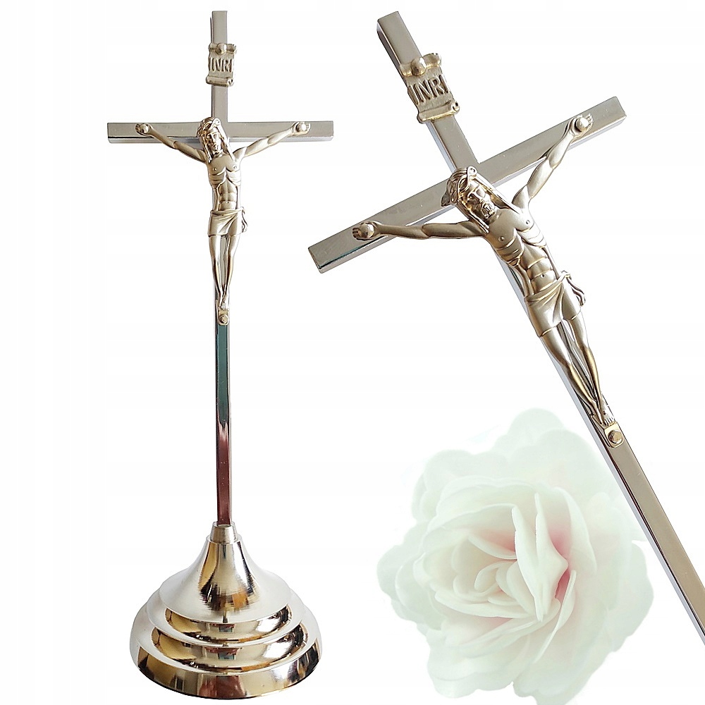 

Krzyż Metalowy Prosty Srebrny Stojący 22 CM