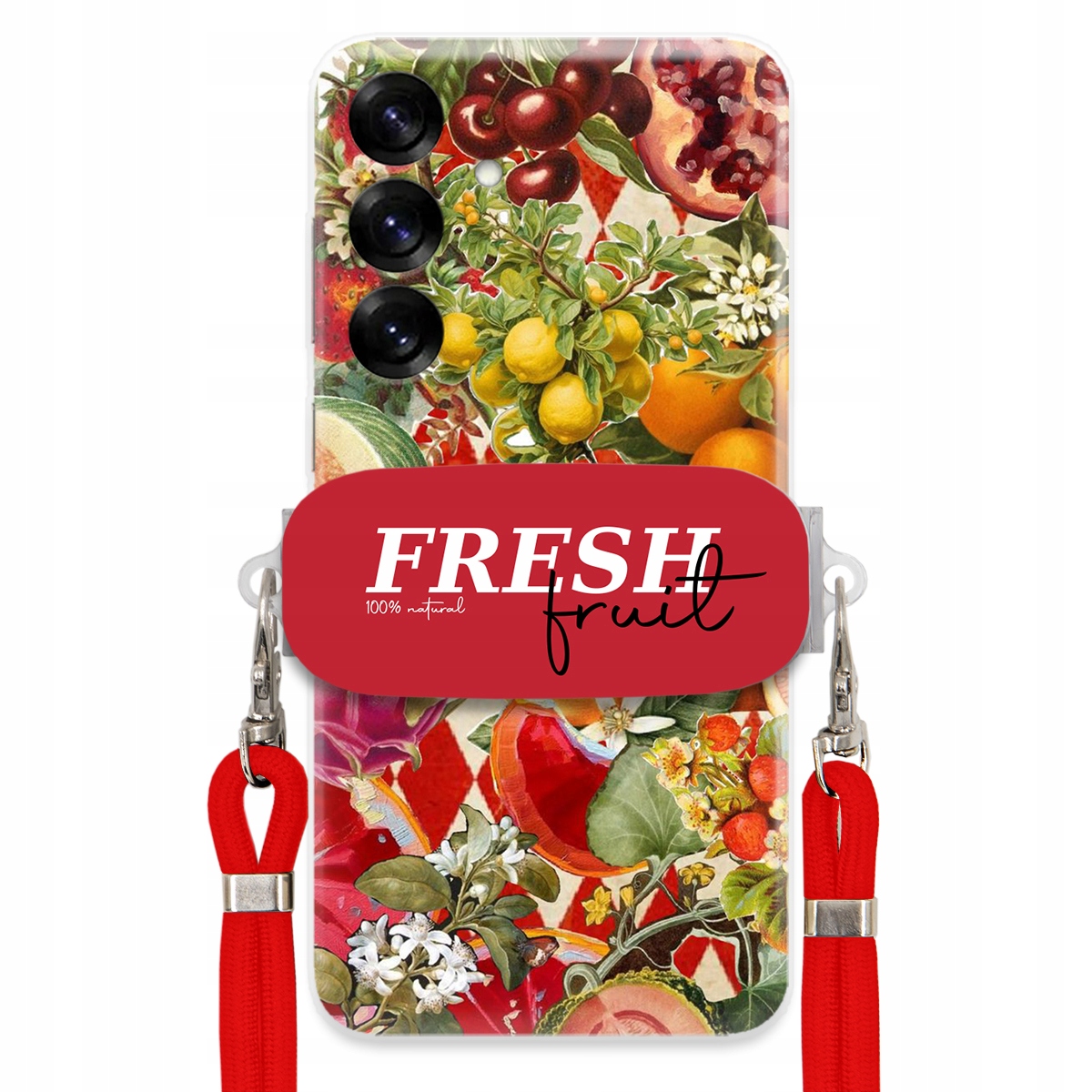 Puzdro pre Samsung S25 Červené Crossbody vodítko držiak Fresh Fruit Ovocné