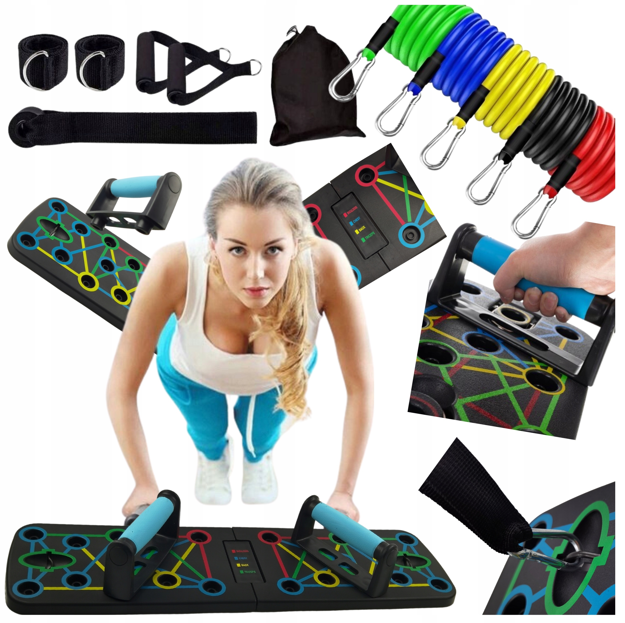 Uchwyty Deska Do Ćwiczenia Pompek Push Up 16w1 Gumy Oporowe Ekspander Set