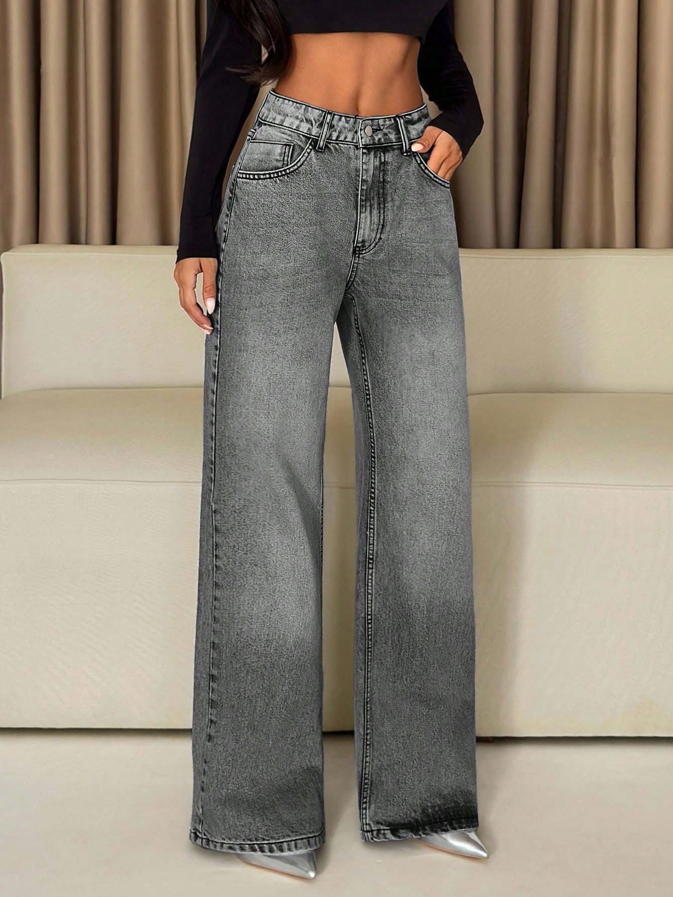 Dámské Džíny Jednoduché Šedé Bavlněné Wide Leg Casual Shein M 38