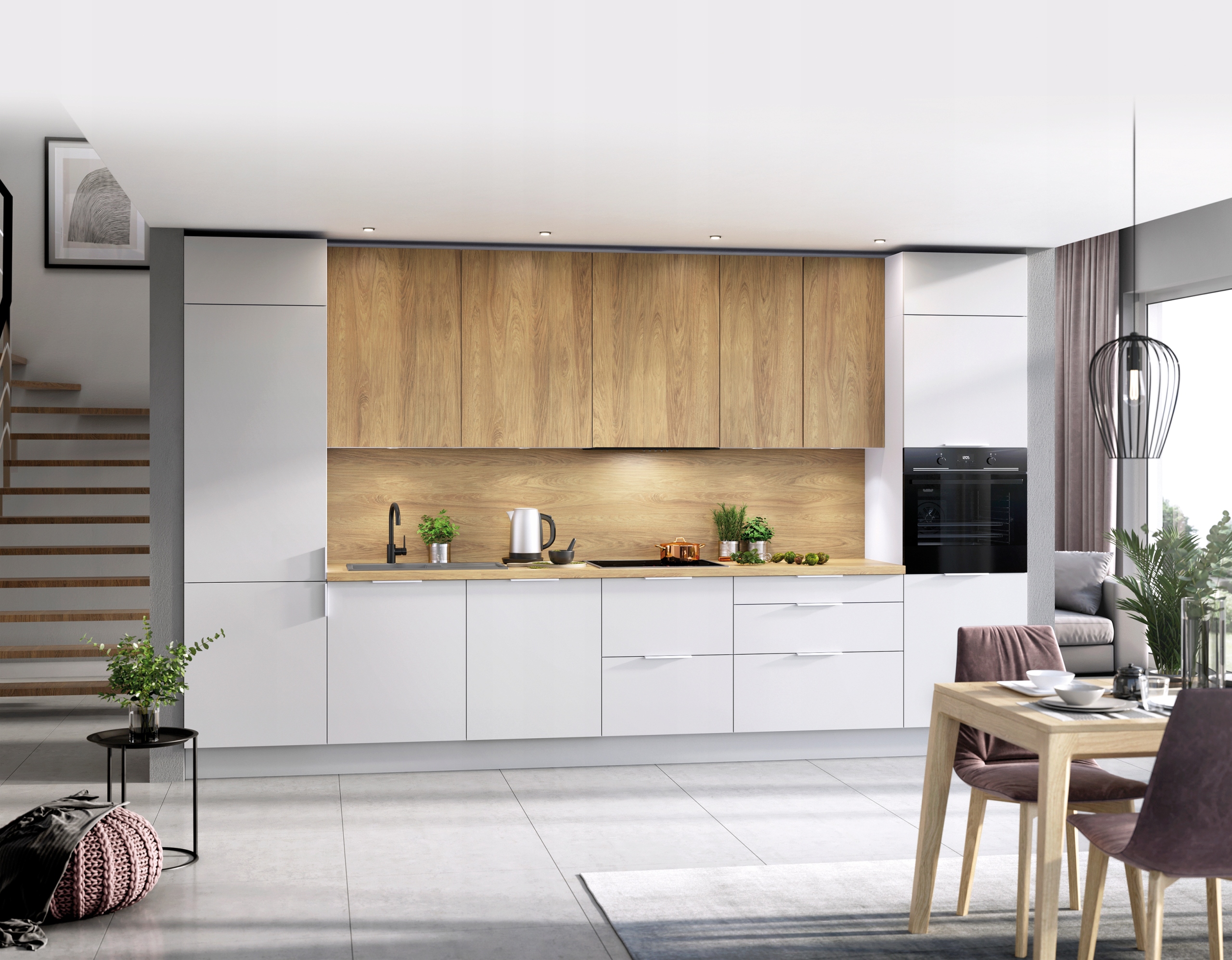 KUCHNIA NOWOCZESNA BIAŁY POŁYSK Z DEKOREM DREWNA